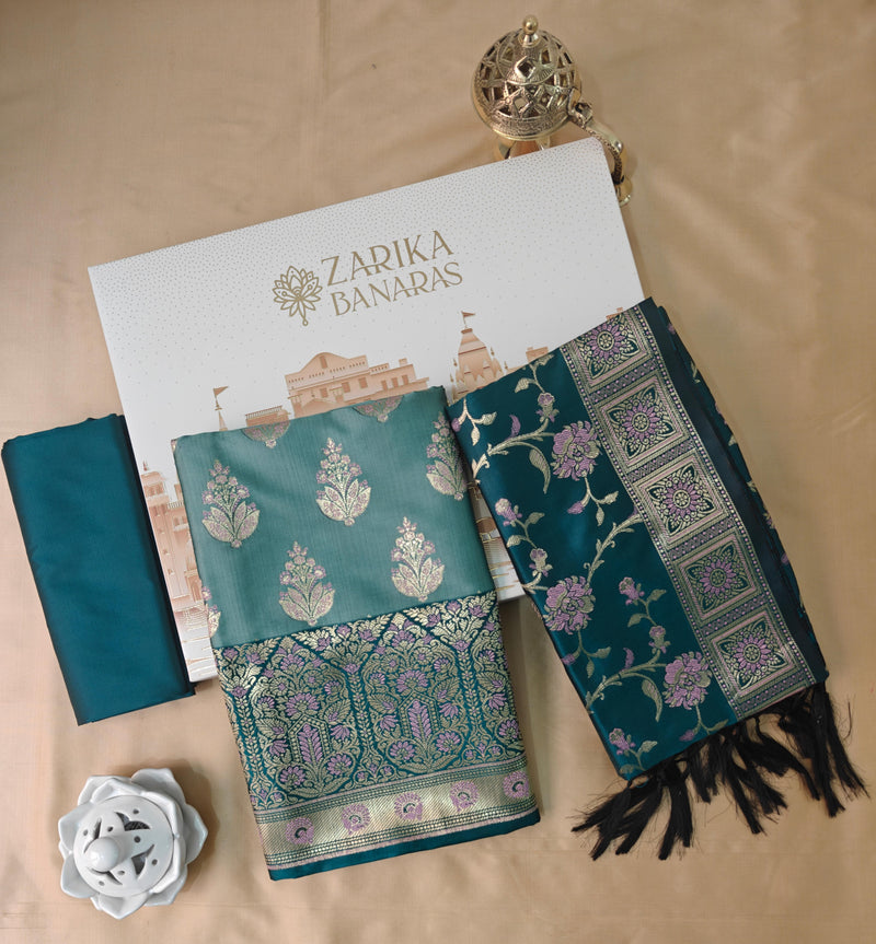 Light & Dark Ferozi Silk 3-Piece Suit with Meenakari Work