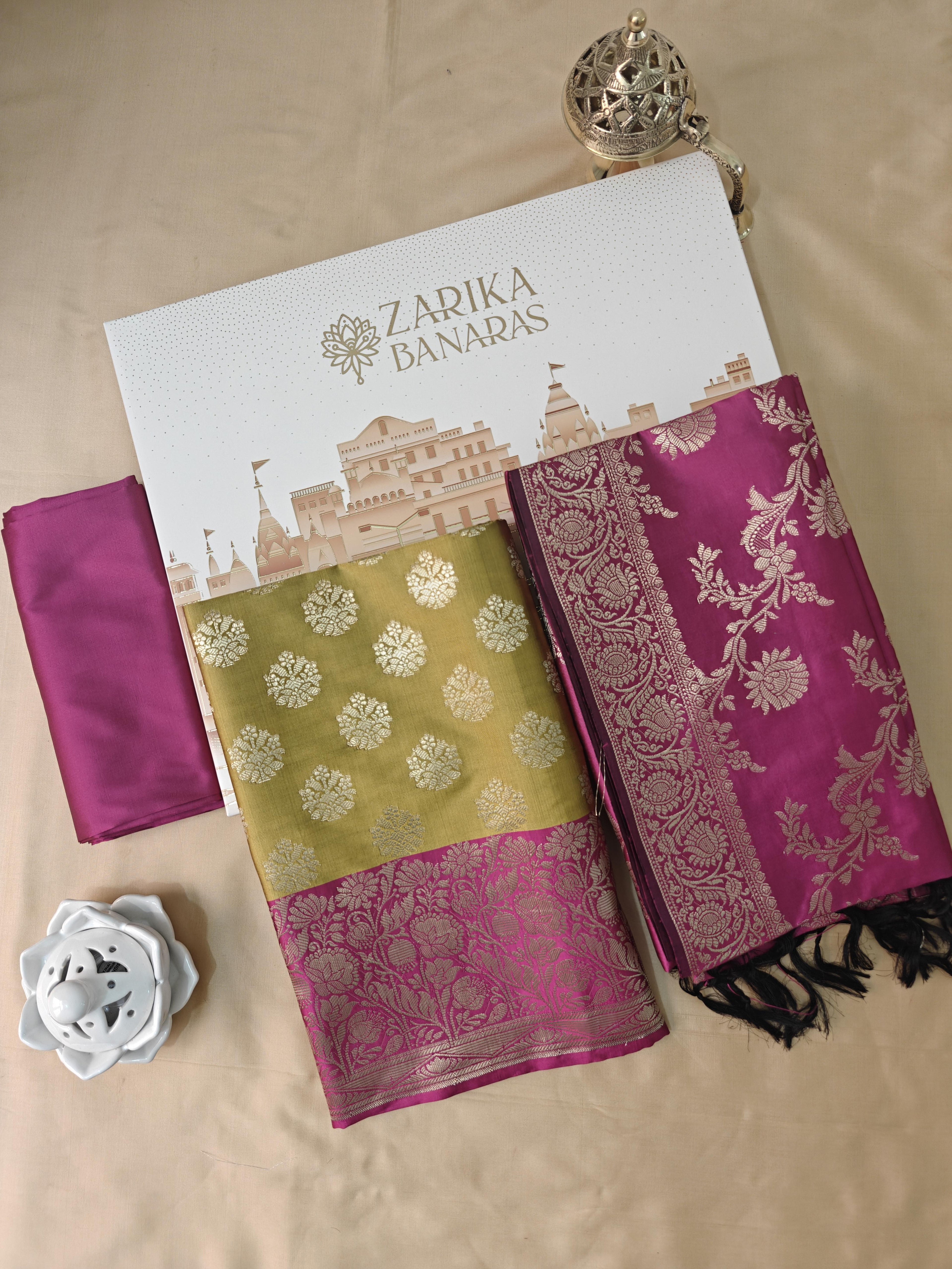 Golden & Pink Contrast Silk 3-Piece Suit with Banarasi Dupatta