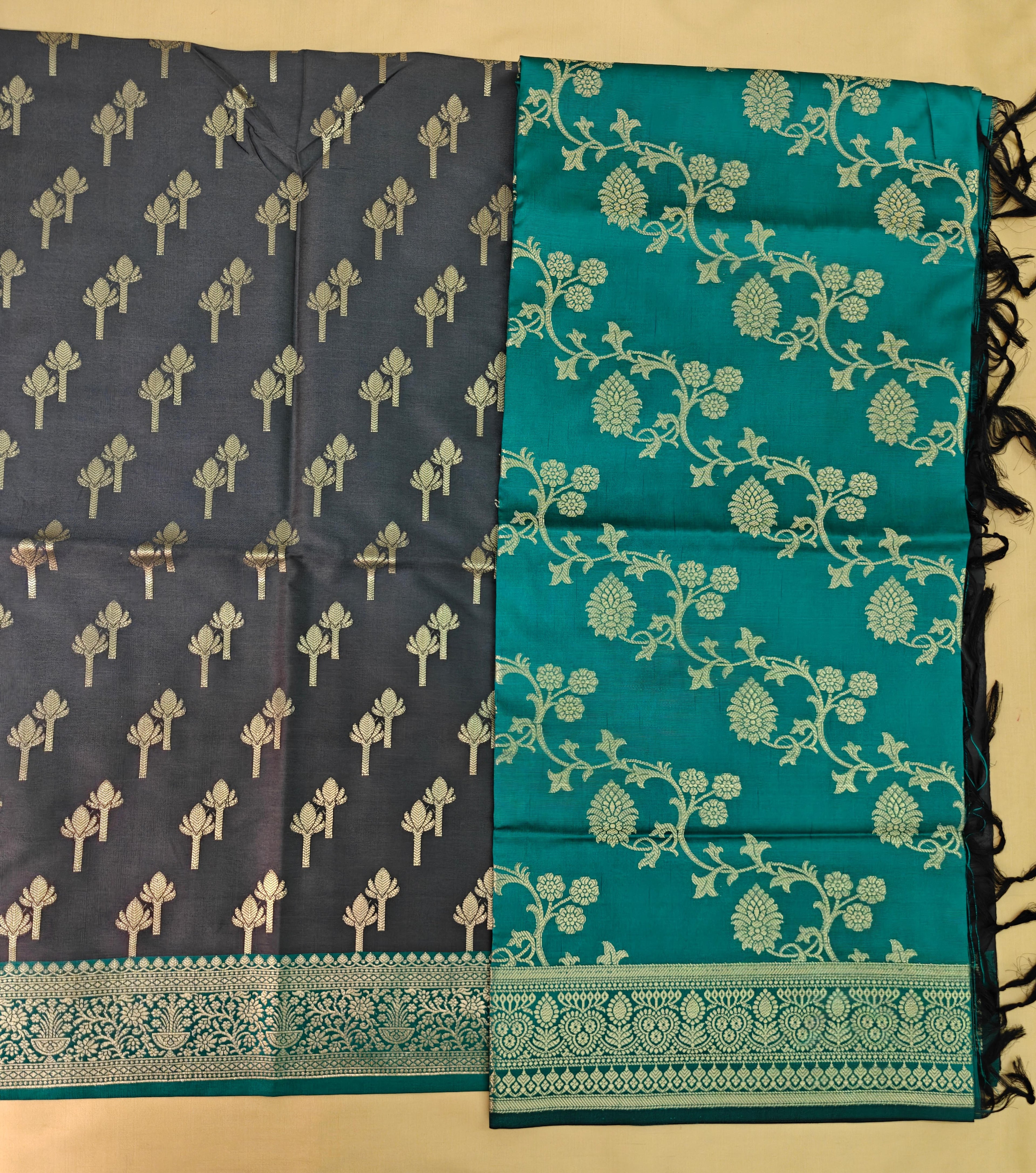 Dark Grey & Green Contrast Silk 3-Piece Suit Set