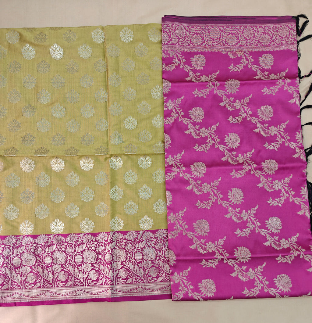Golden & Pink Contrast Silk 3-Piece Suit with Banarasi Dupatta