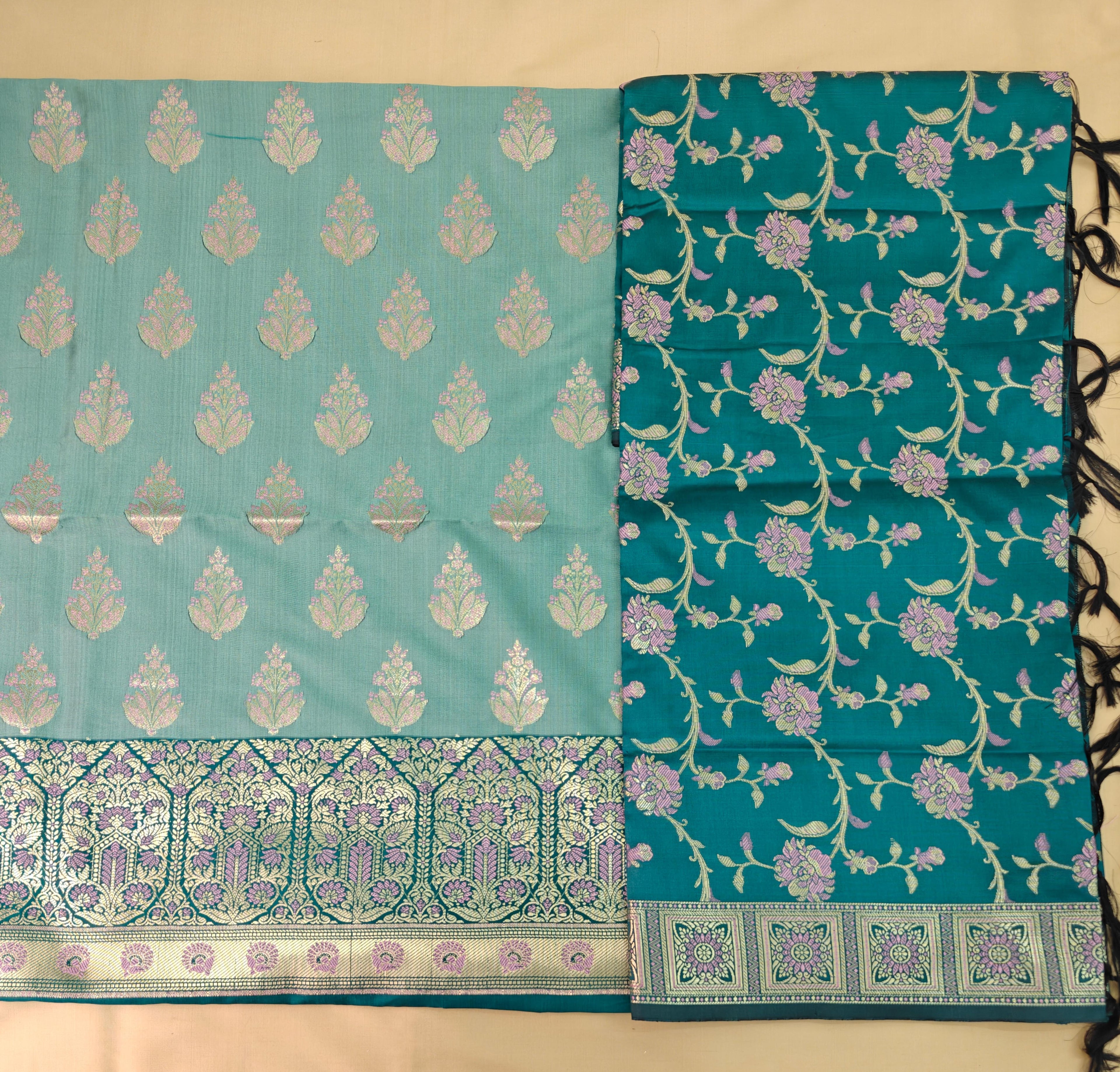 Light & Dark Ferozi Silk 3-Piece Suit with Meenakari Work