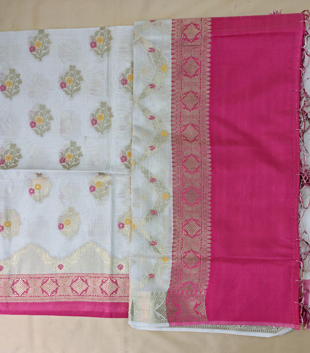 Pink Banarasi Suit with Ivory Contrast & Meenakari Jal Work Dupatta