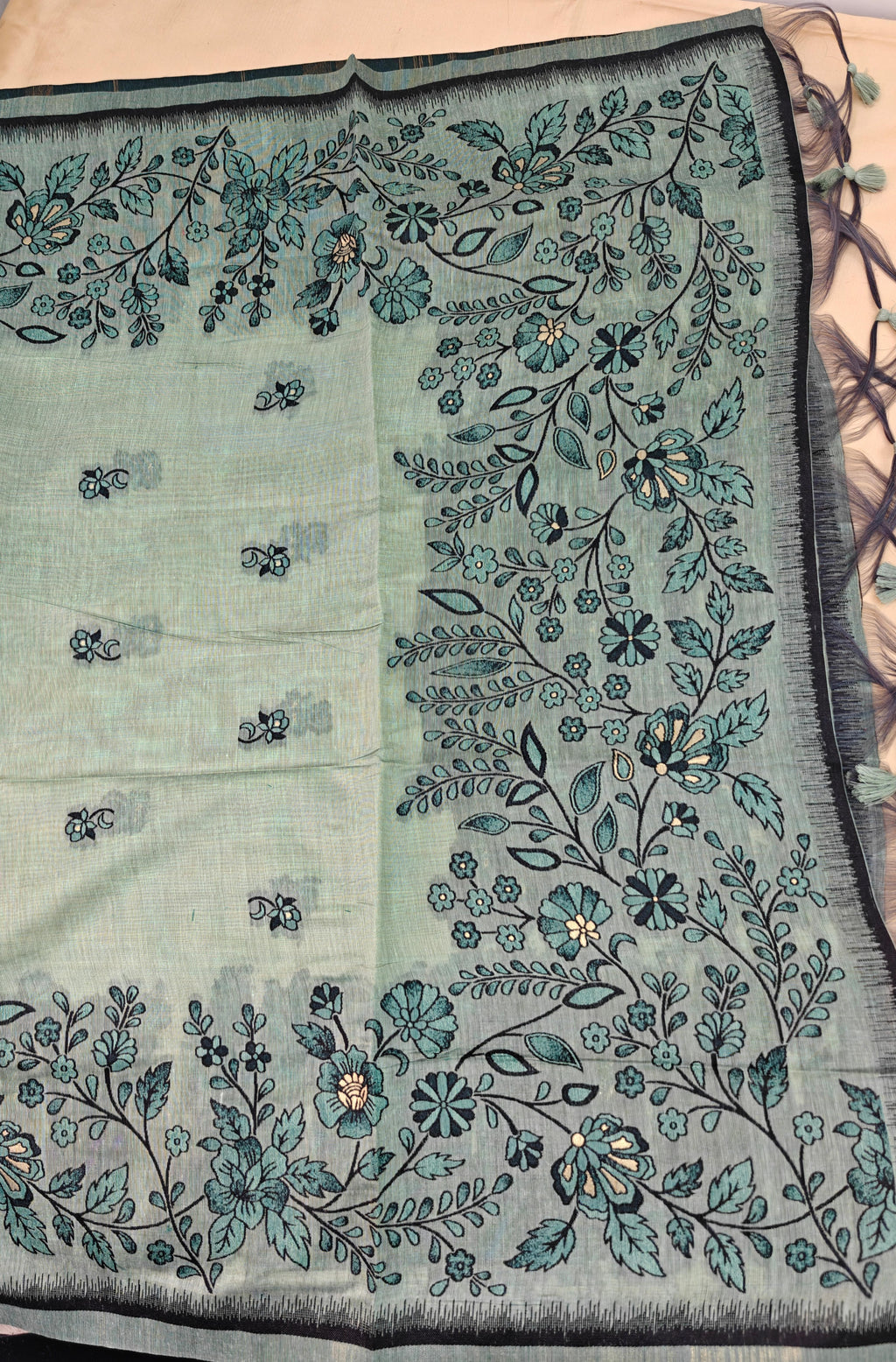 Sea Green Linen 3-Piece Suit with Thread Woven Floral Work