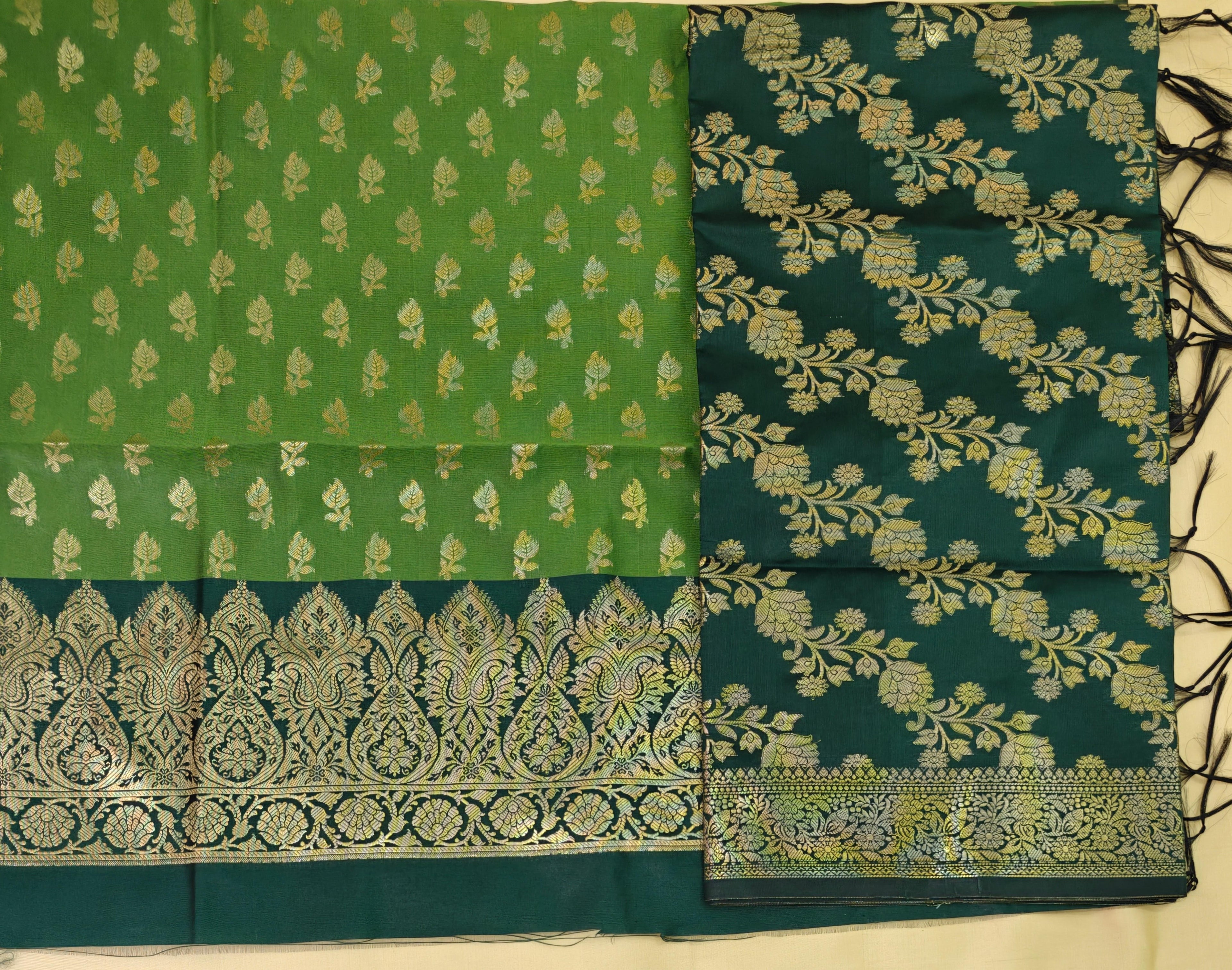 Green & Dark Green Contrast Silk 3-Piece Suit with Banarasi Dupatta