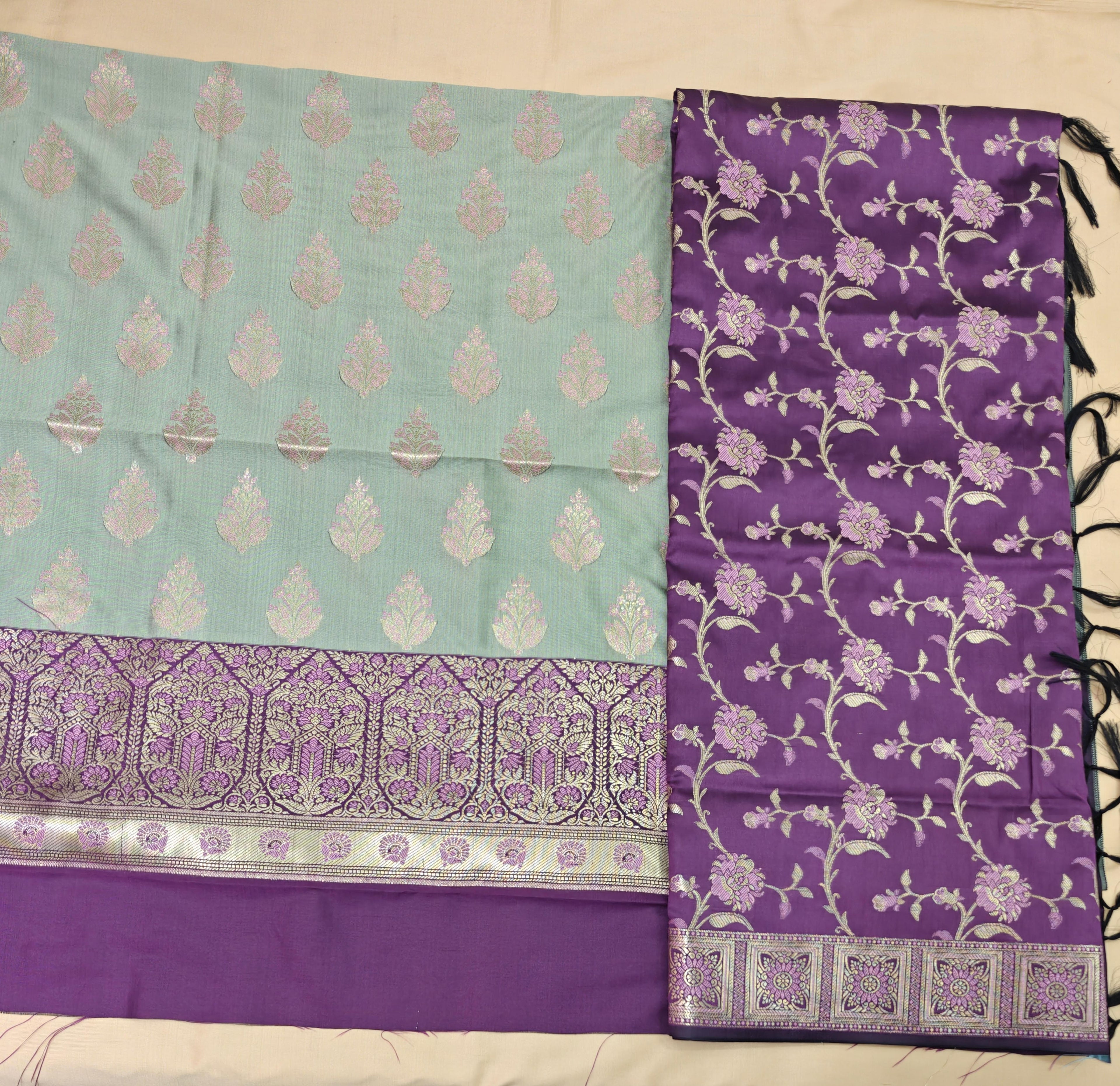 Purple & Sea Green Silk 3-Piece Suit with Banarasi Dupatta
