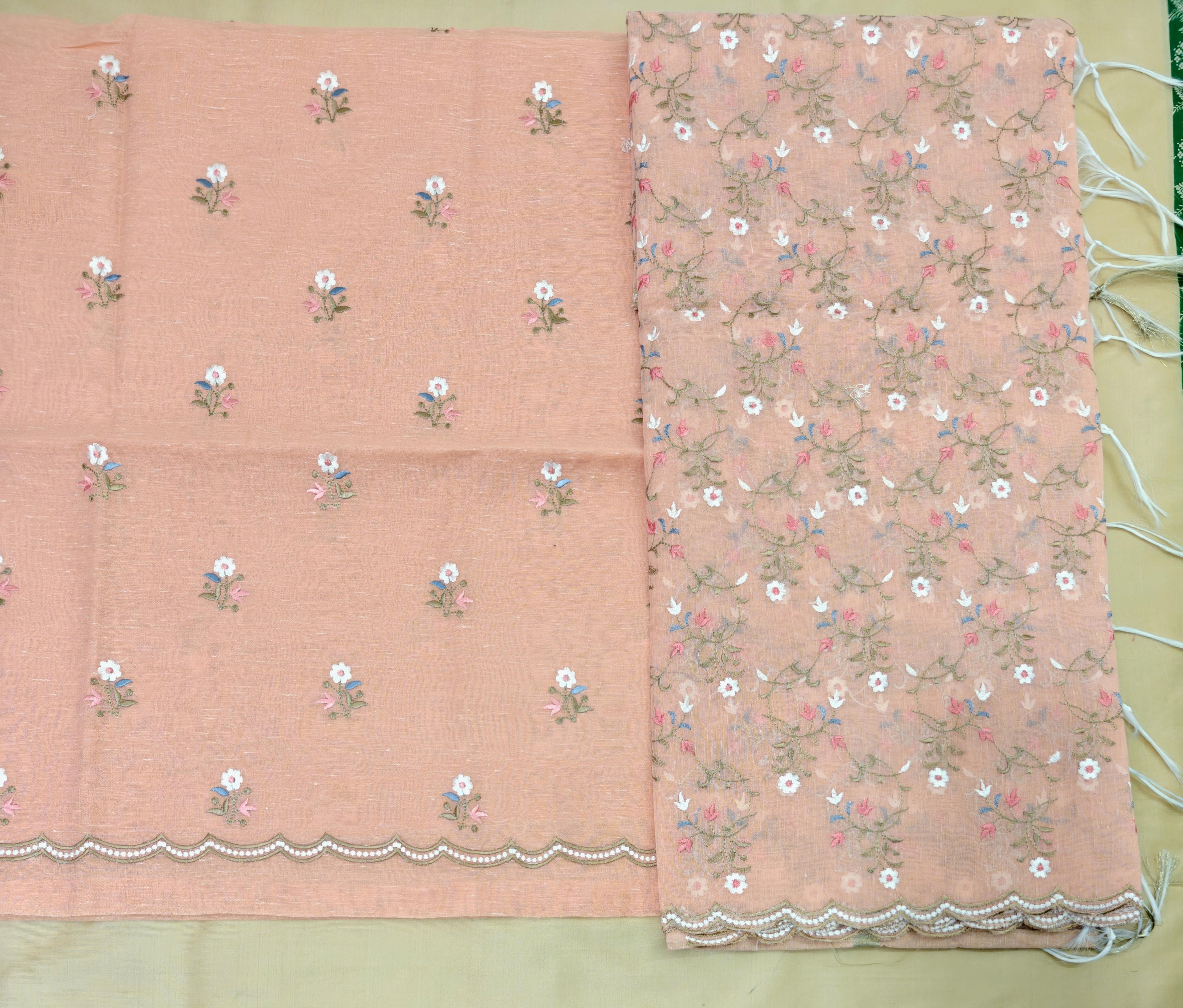 Peach Linen Suit with Floral Embroidery Dupatta