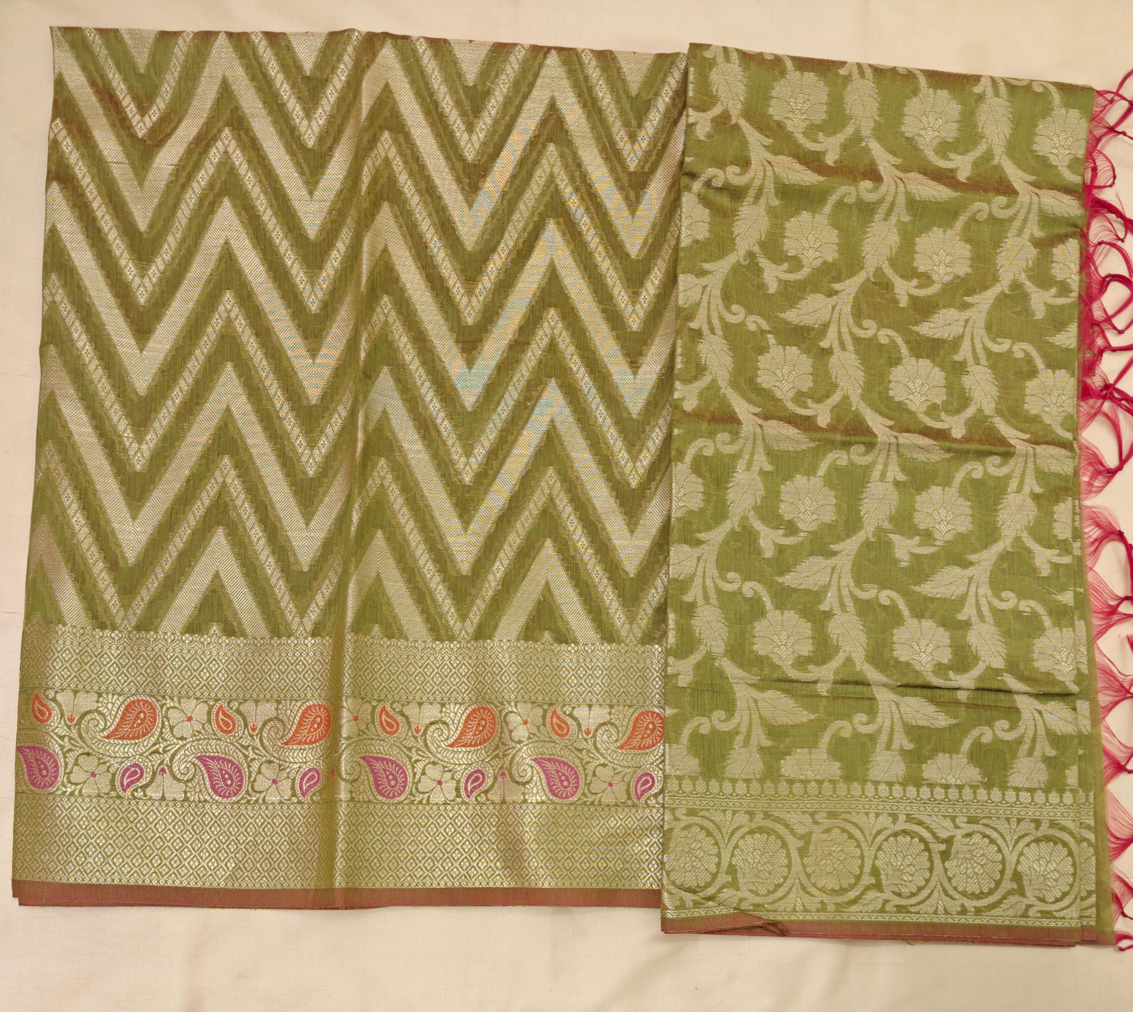 Mehndi Green Premium Cotton 3-Piece Suit with Banarasi Dupatta