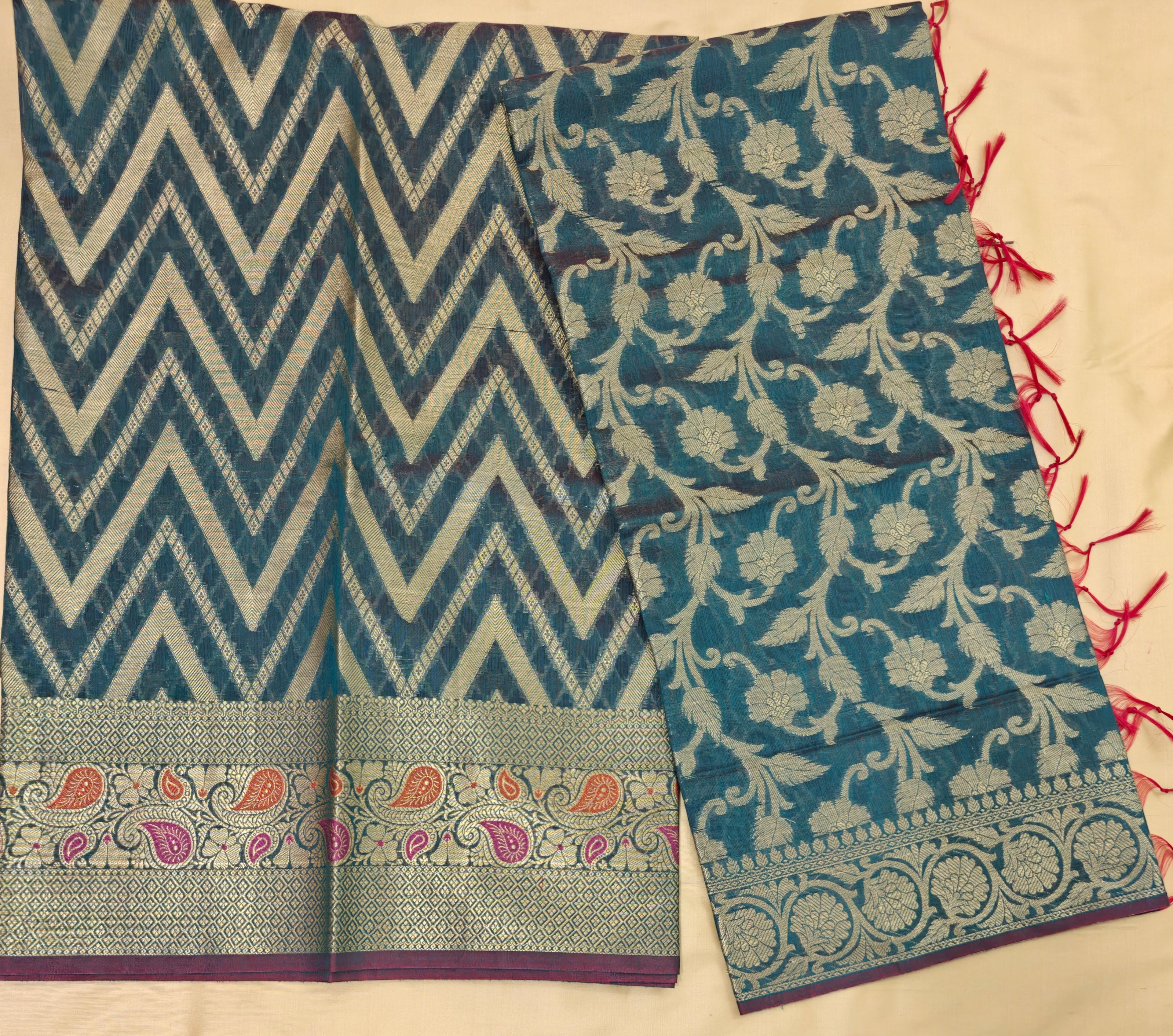 Dark blue Premium Cotton 3-Piece Suit with Banarasi Dupatta