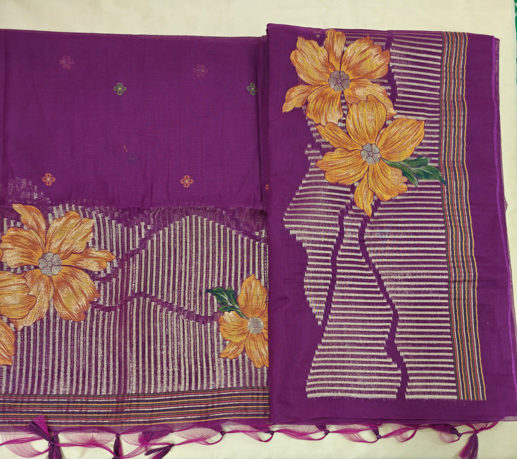 Dark Pink Linen 3-Piece Suit with Floral Motifs & Zari Work