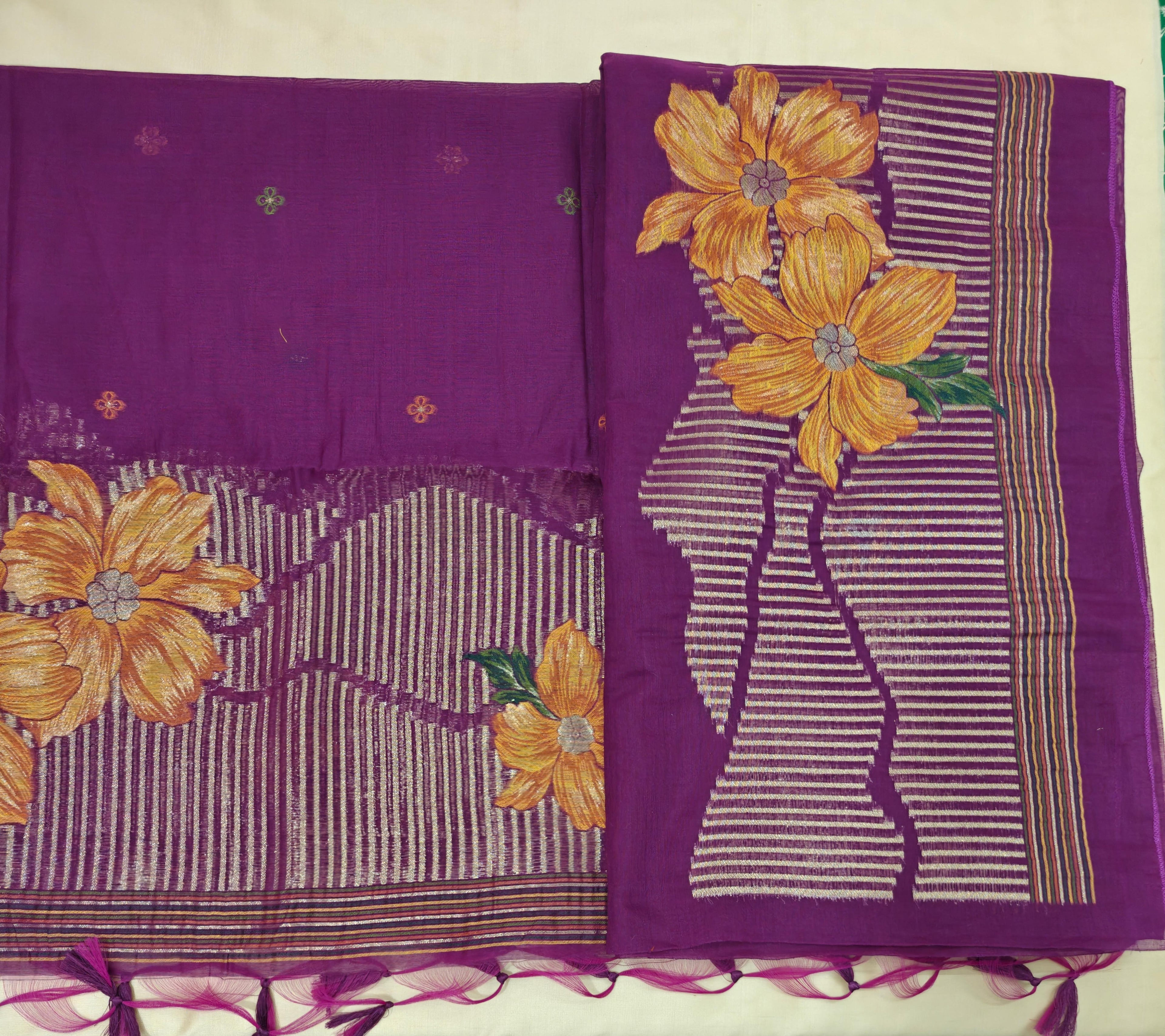 Dark Pink Linen 3-Piece Suit with Floral Motifs & Zari Work