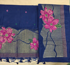 Royal Blue Linen 3-Piece Suit with Floral Motifs & Zari Work