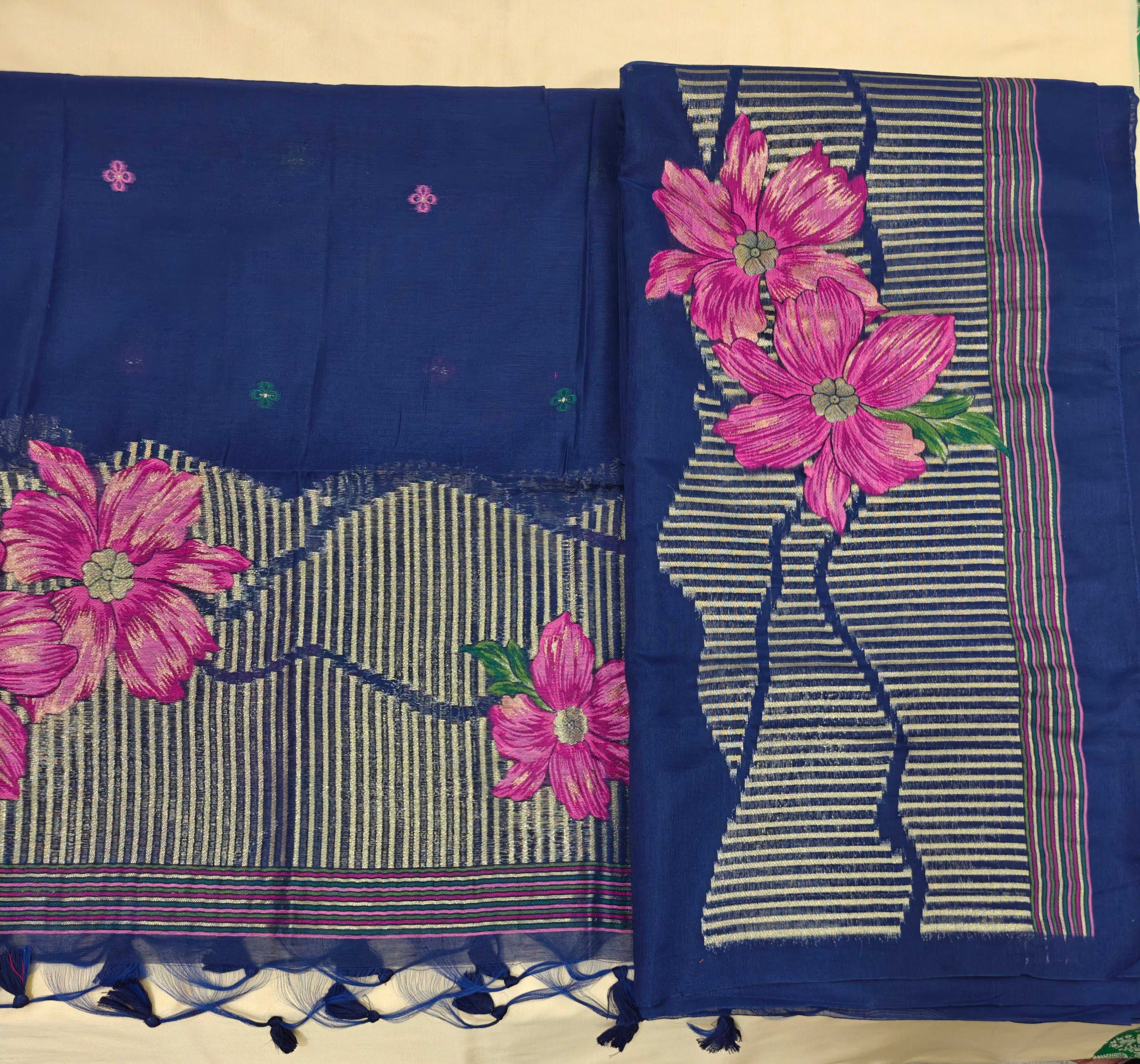 Royal Blue Linen 3-Piece Suit with Floral Motifs & Zari Work