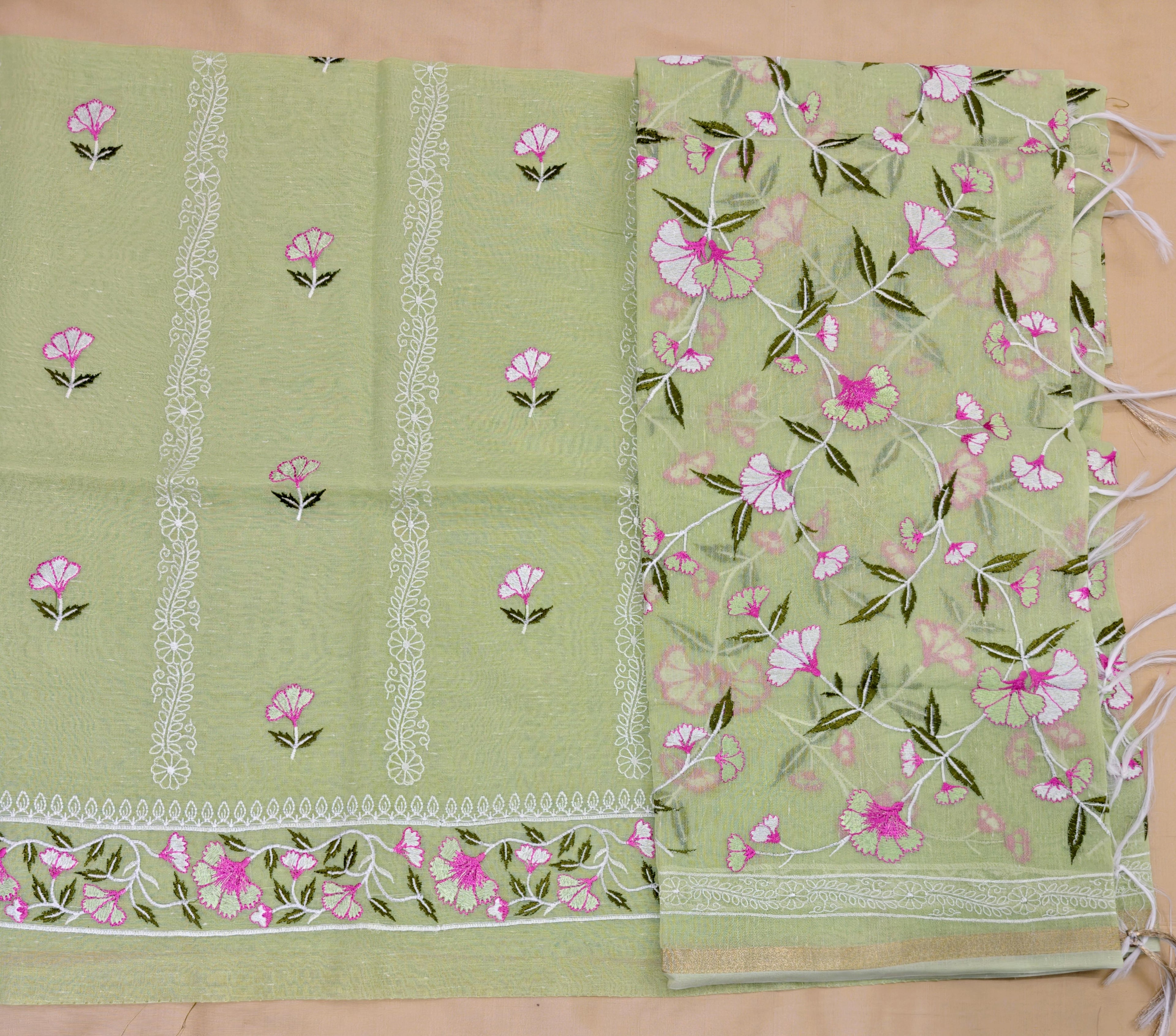 Parrot Linen Suit with All-Over Thread Embroidery