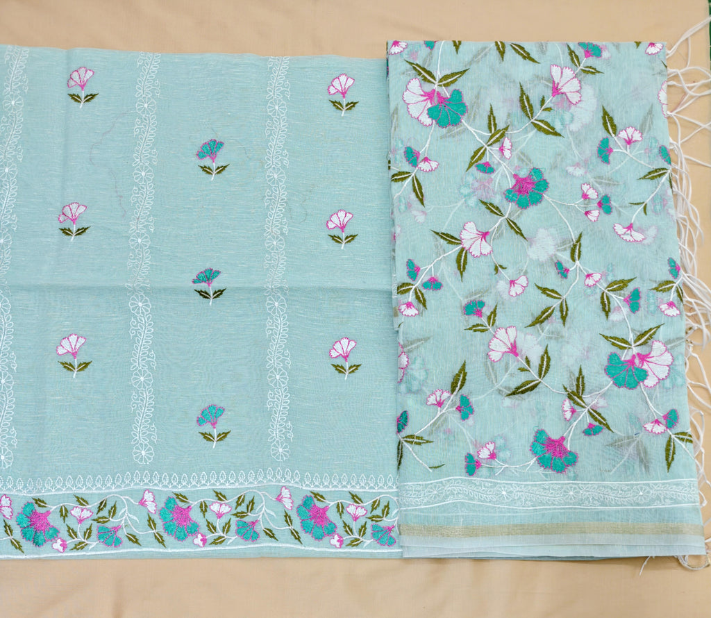 Aqua Linen Suit with All-Over Thread Embroidery