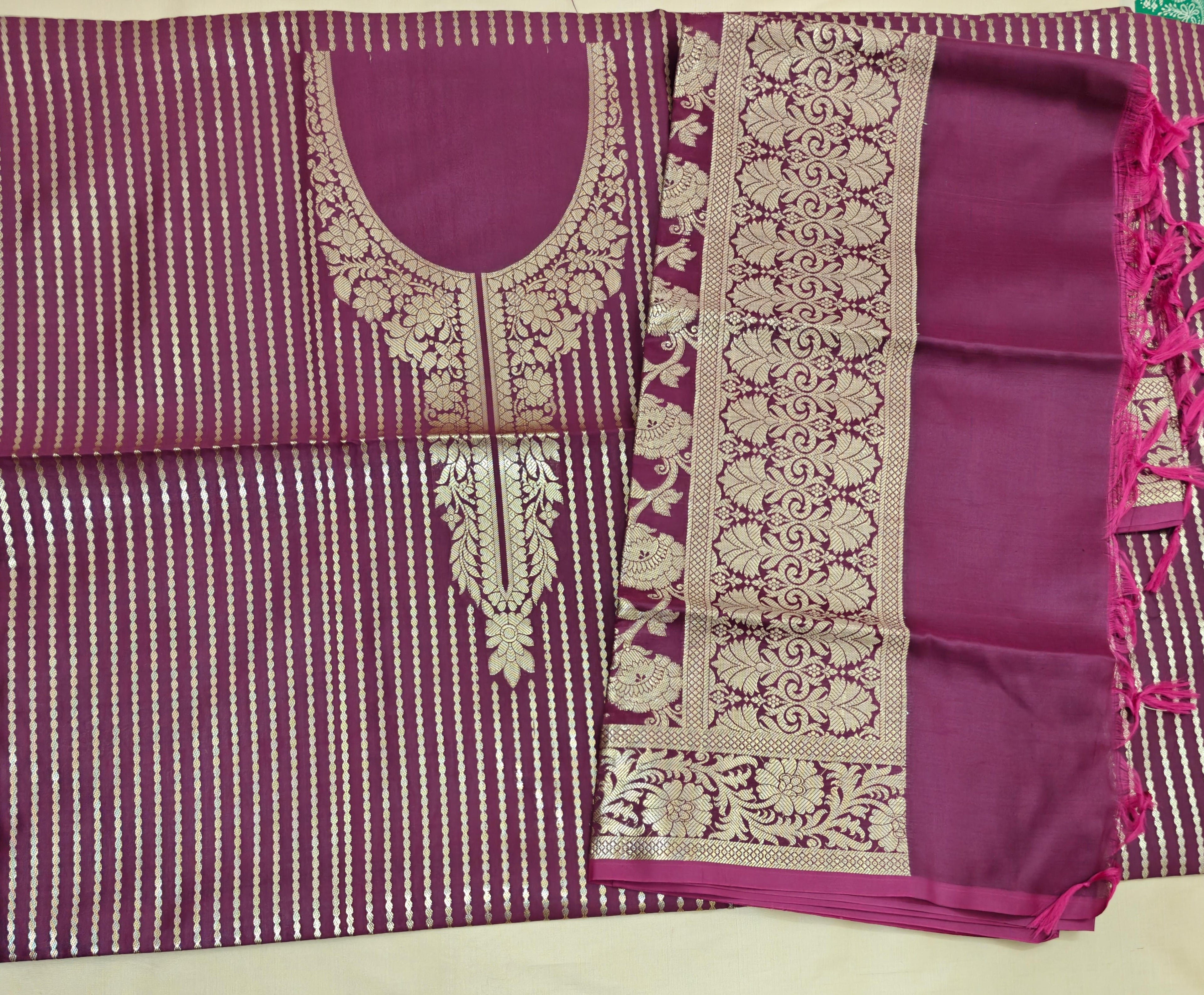 Premium Katan Silk Wine 3-Piece Suit with Golden Zari