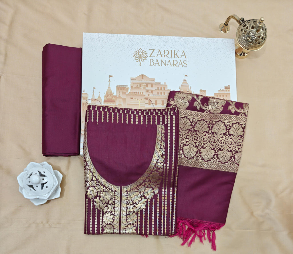 Premium Katan Silk Wine 3-Piece Suit with Golden Zari