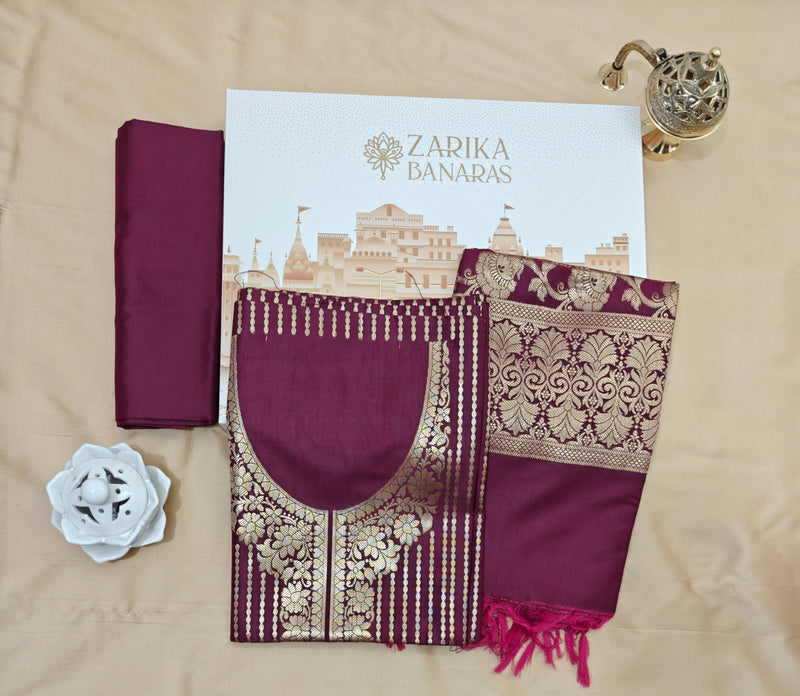 Wine Katan Suit with Golden Zari