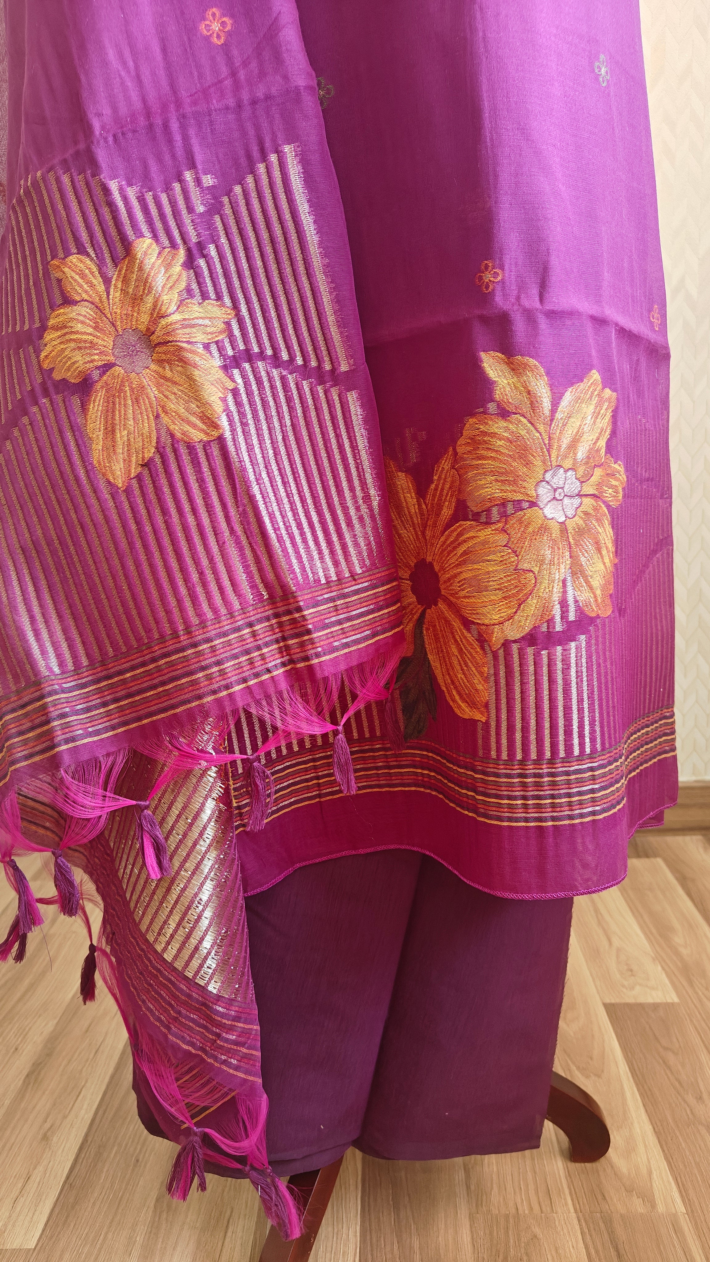 Dark Pink Linen 3-Piece Suit with Floral Motifs & Zari Work