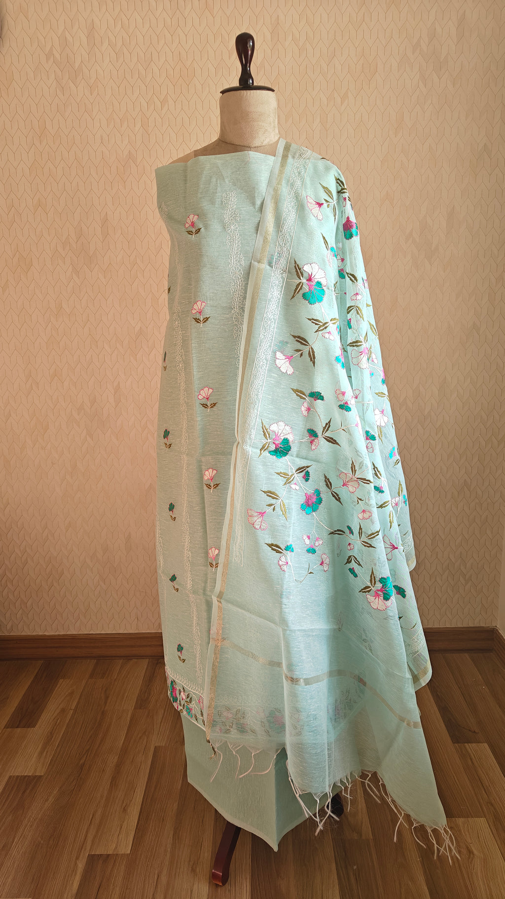 Aqua Linen Suit with All-Over Thread Embroidery