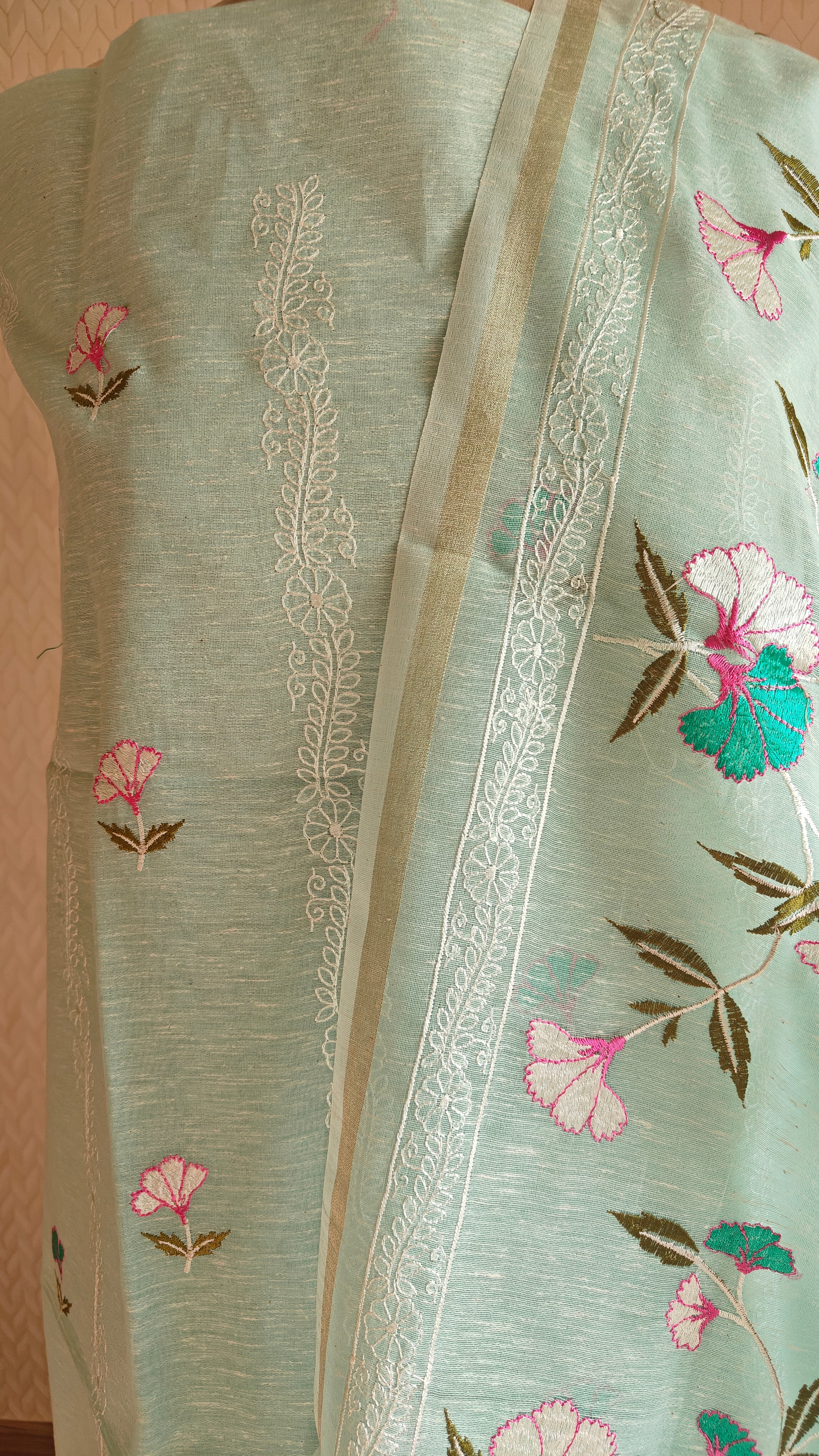 Aqua Linen Suit with All-Over Thread Embroidery