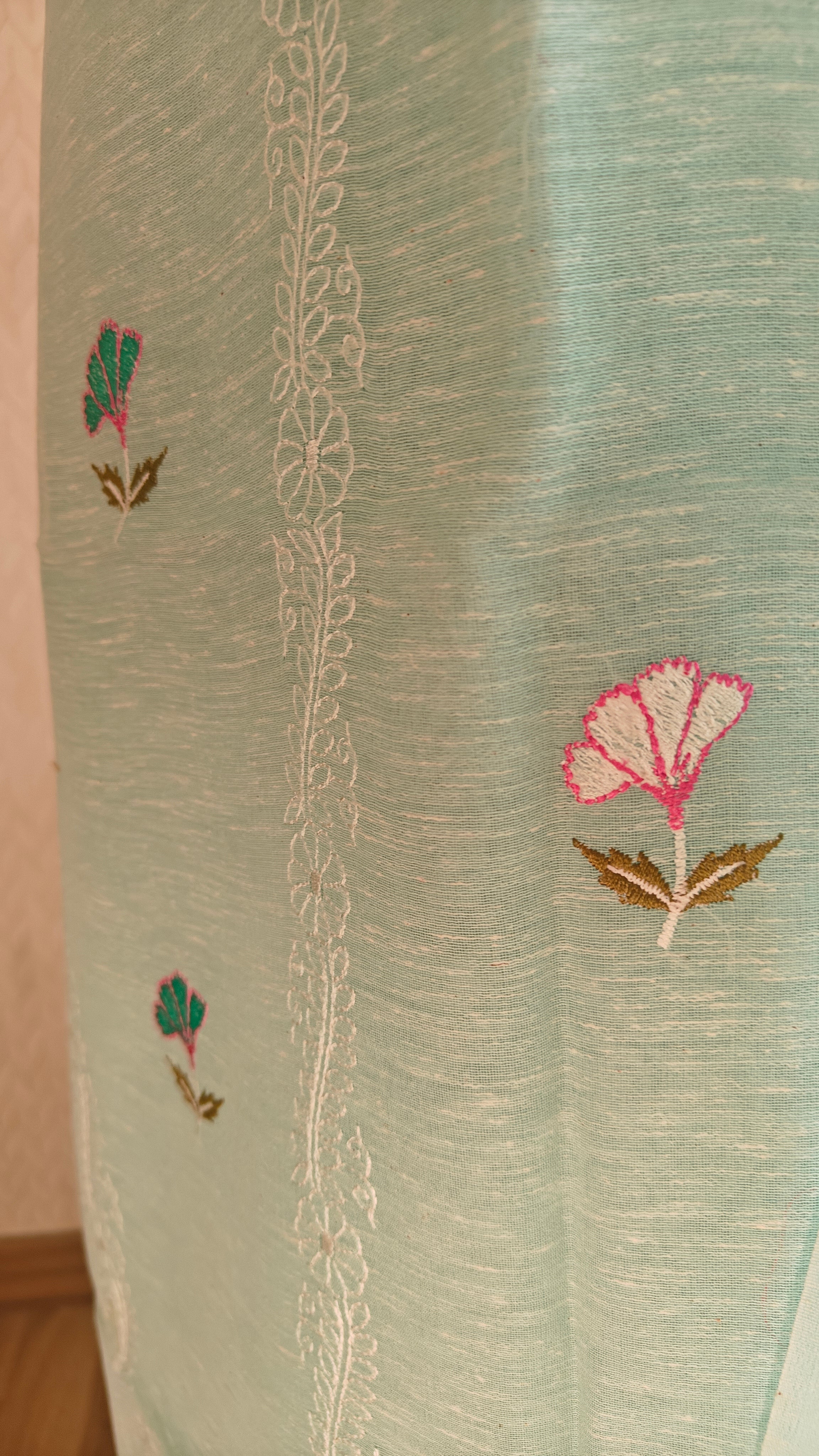 Aqua Linen Suit with All-Over Thread Embroidery