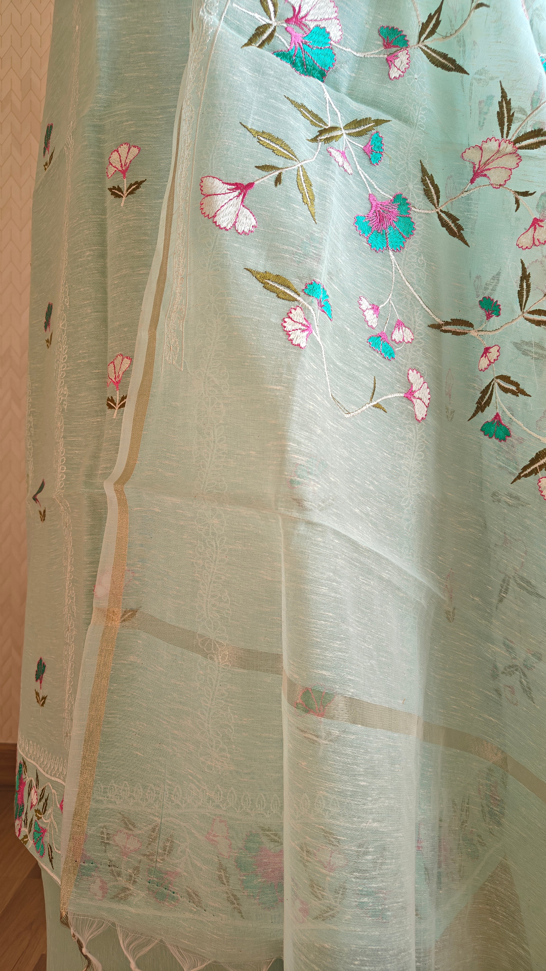 Aqua Linen Suit with All-Over Thread Embroidery