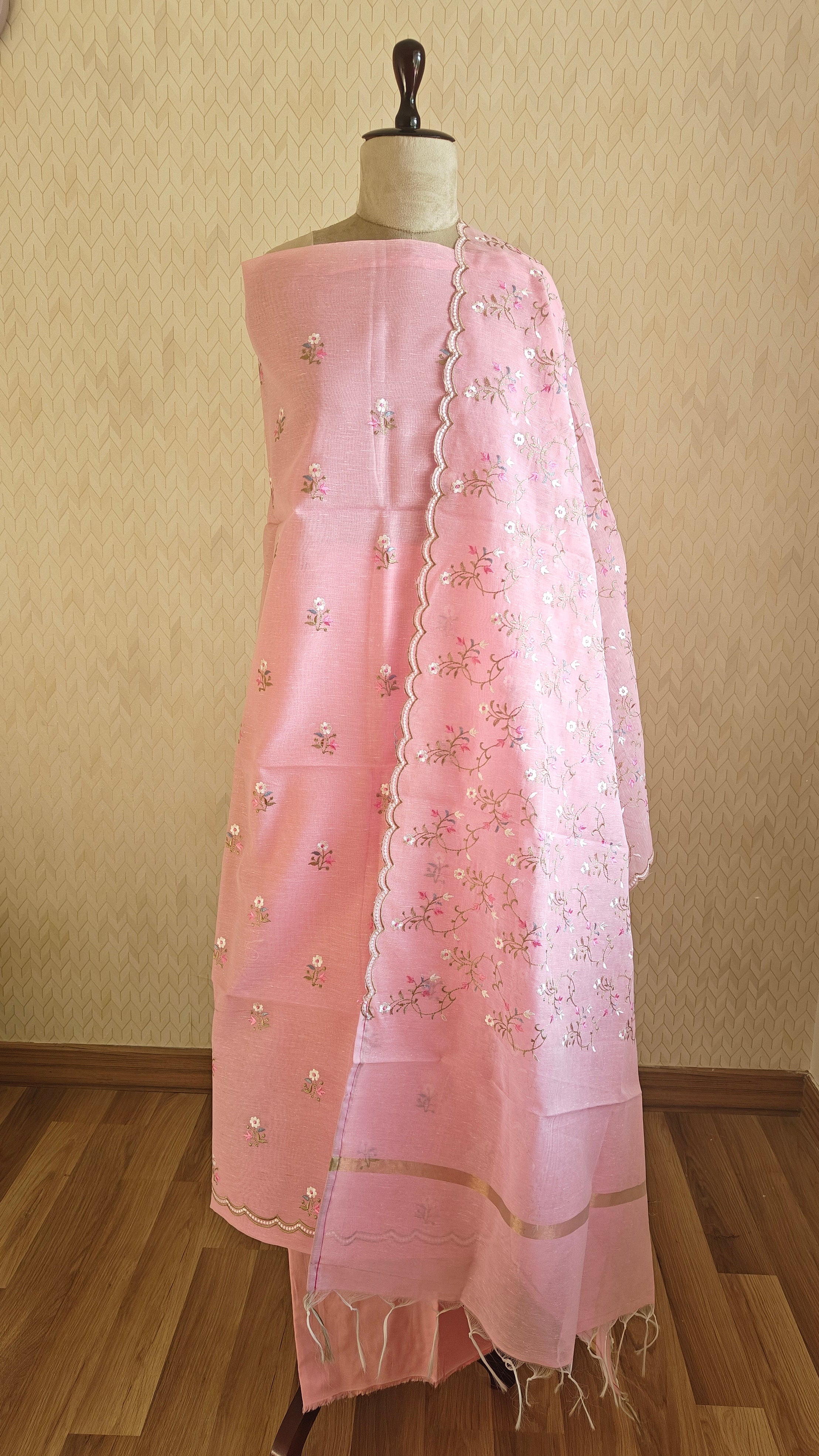 Pink Linen Suit with Floral Embroidery Dupatta