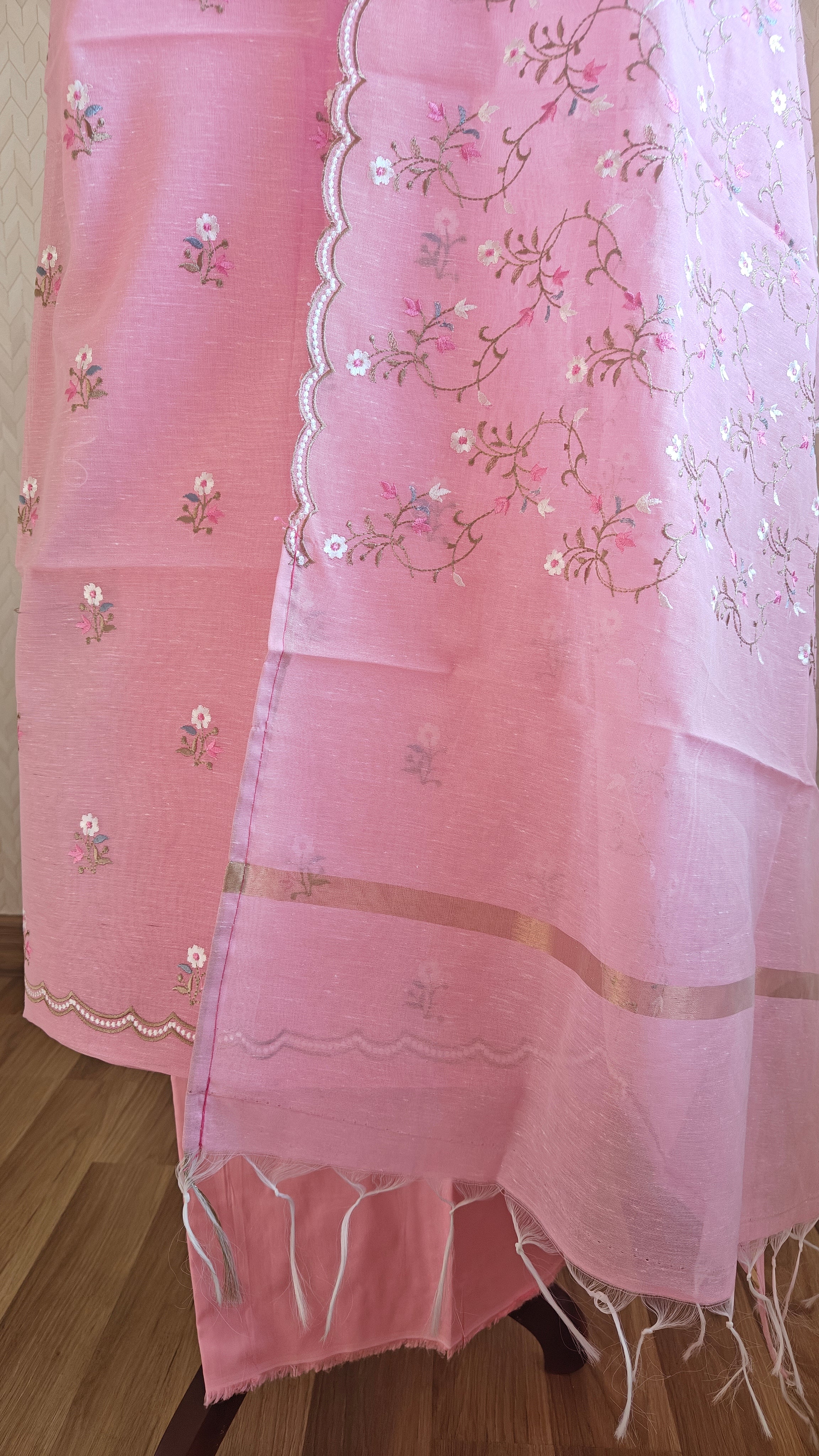 Pink Linen Suit with Floral Embroidery Dupatta