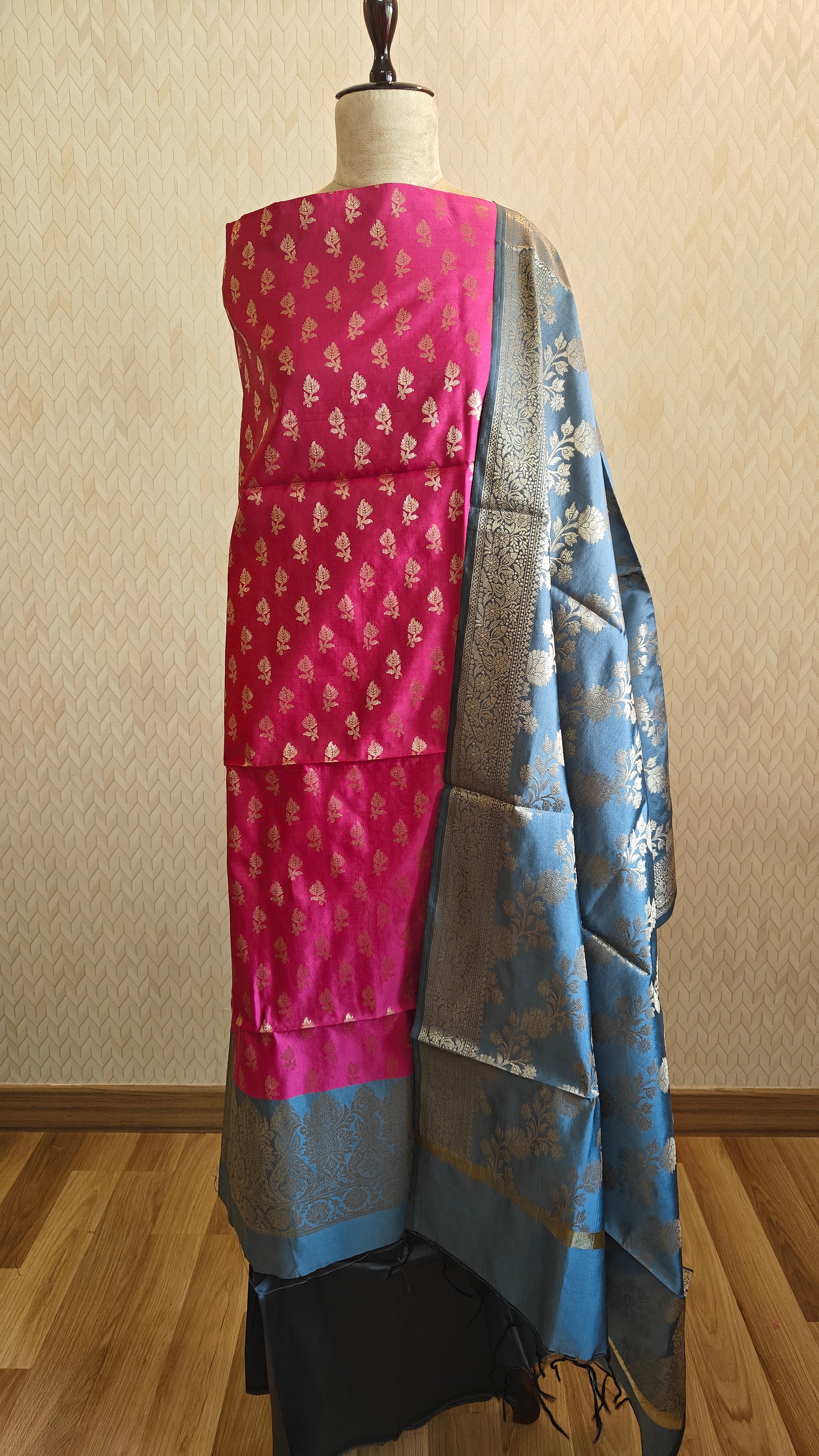 Rani & Grey Silk 3-Piece Suit with Banarasi Dupatta