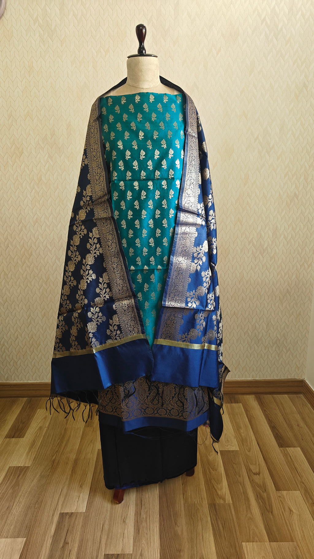 Royal Blue & Dark Green Contrast Silk Suit with Dupatta