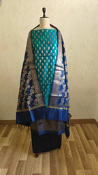 Royal Blue & Dark Green Contrast Silk Suit with Dupatta
