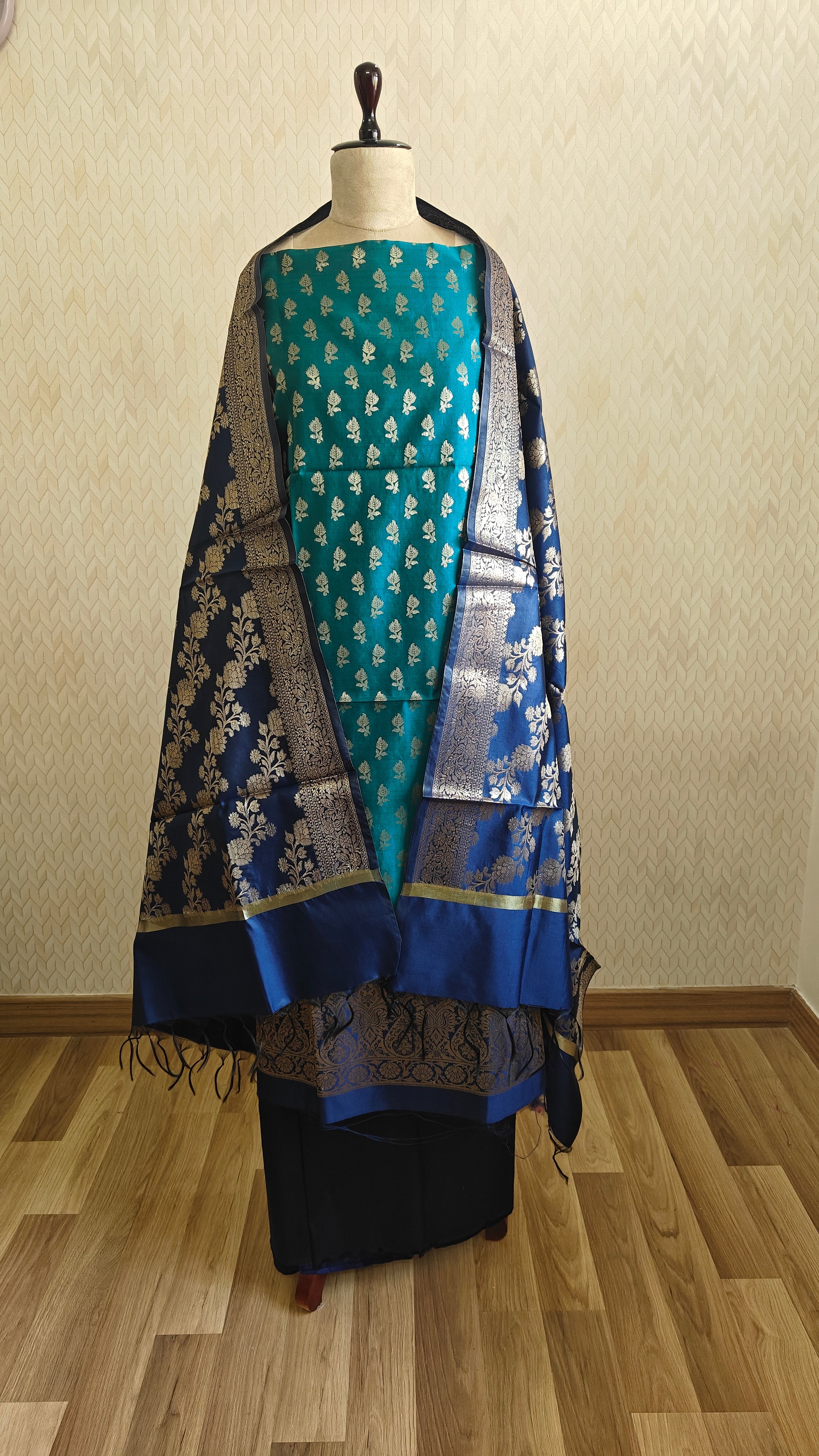 Royal Blue & Dark Green Contrast Silk Suit with Dupatta