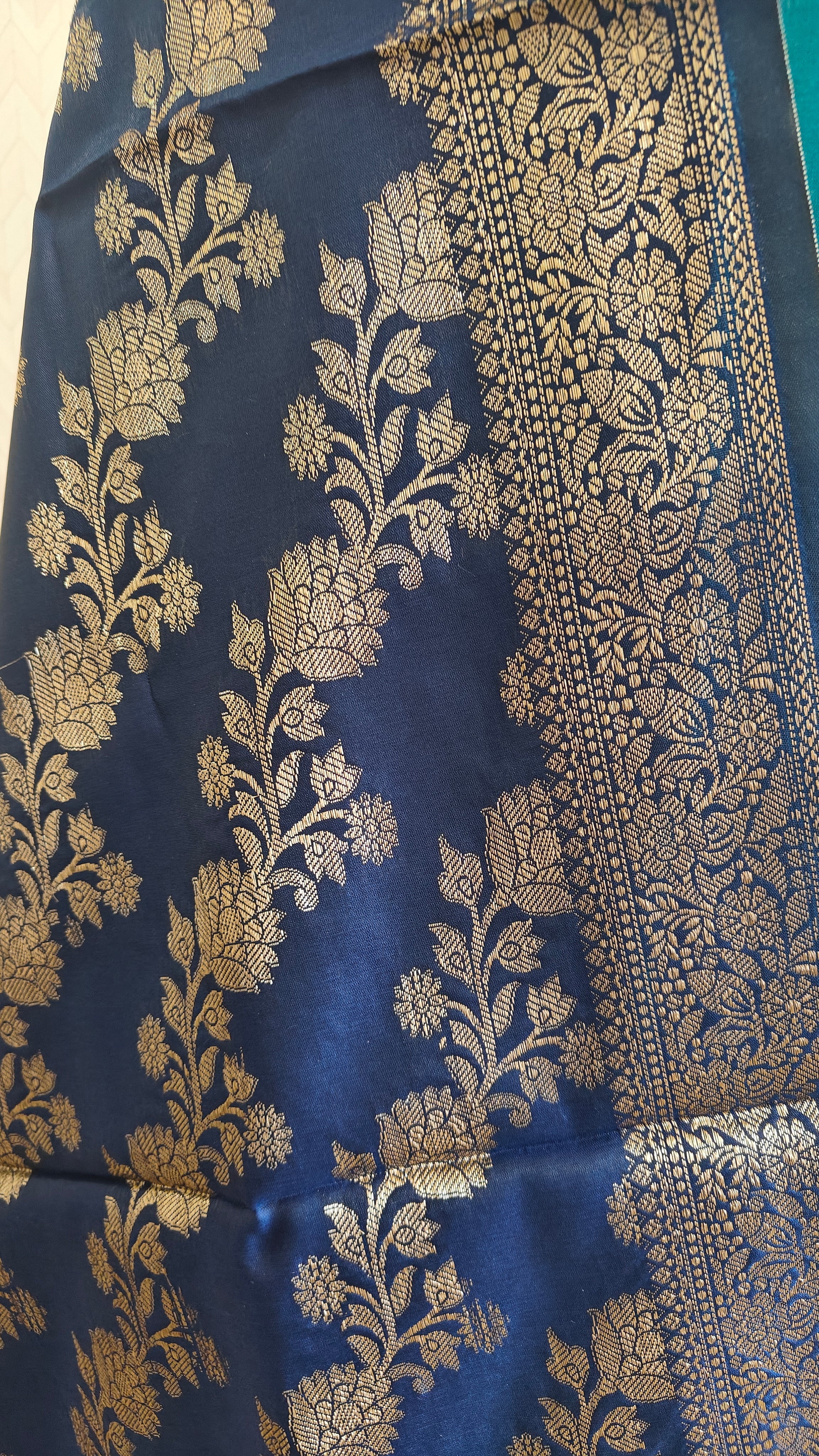 Royal Blue & Dark Green Contrast Silk Suit with Dupatta