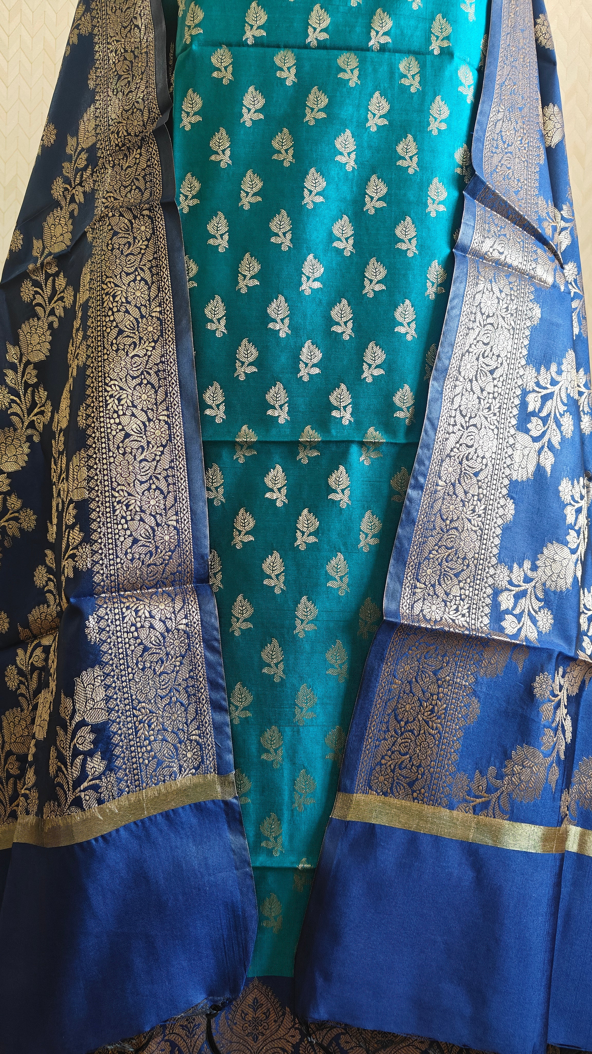 Royal Blue & Dark Green Contrast Silk Suit with Dupatta