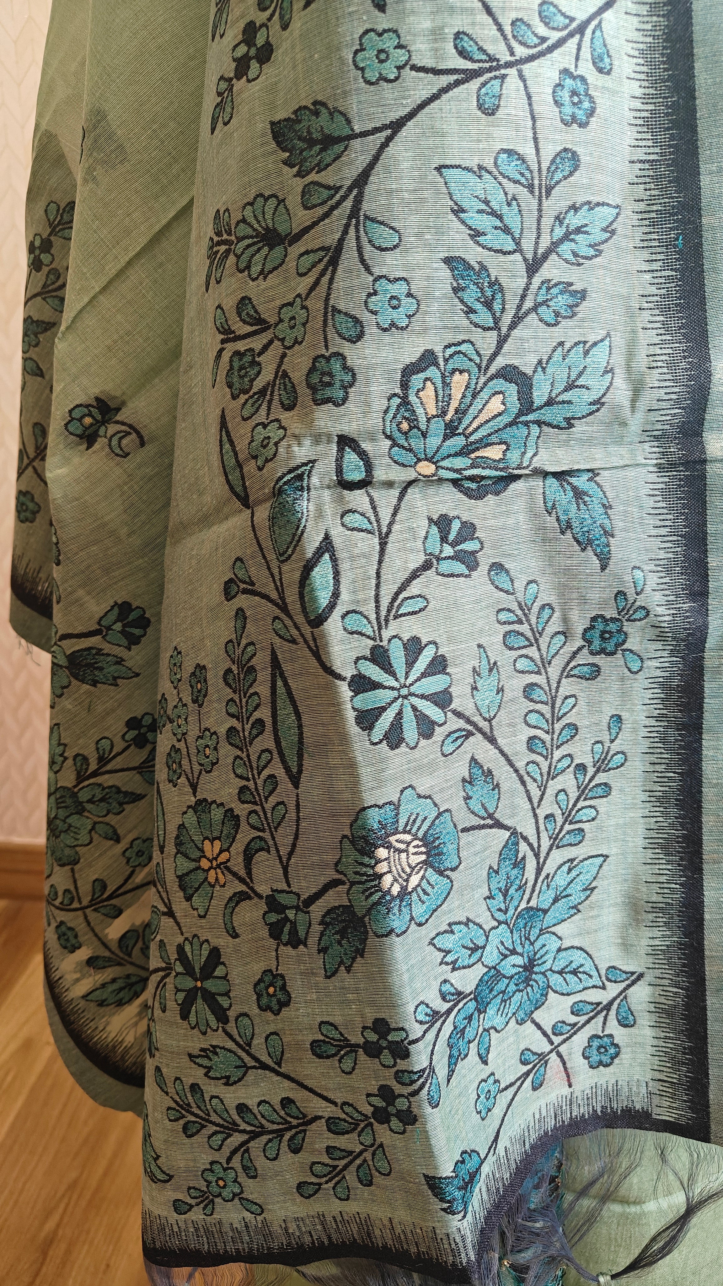 Sea Green Jamdani 3-Piece Suit with Thread Woven Floral Work