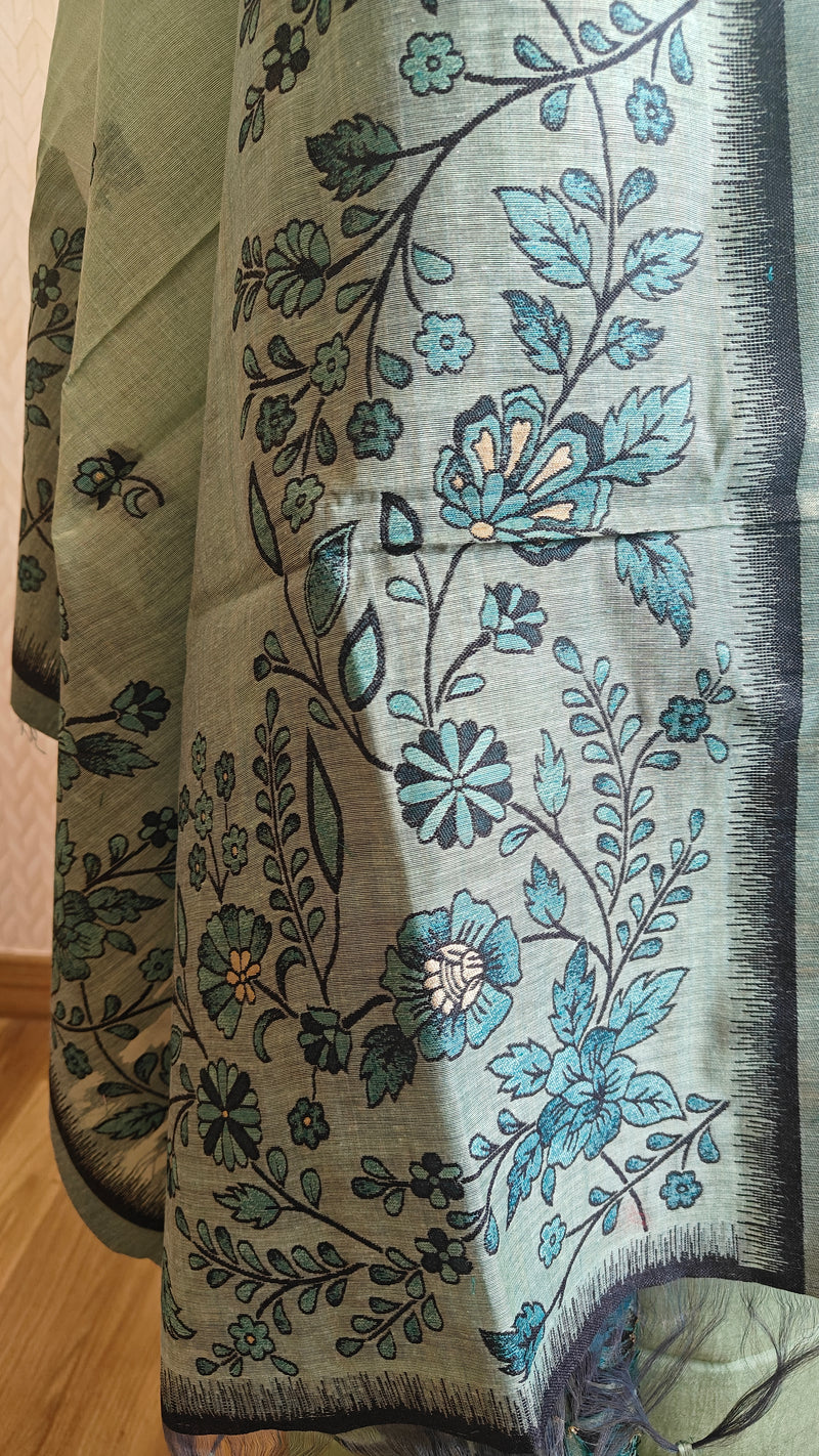 Sea Green Jamdani 3-Piece Suit with Thread Woven Floral Work