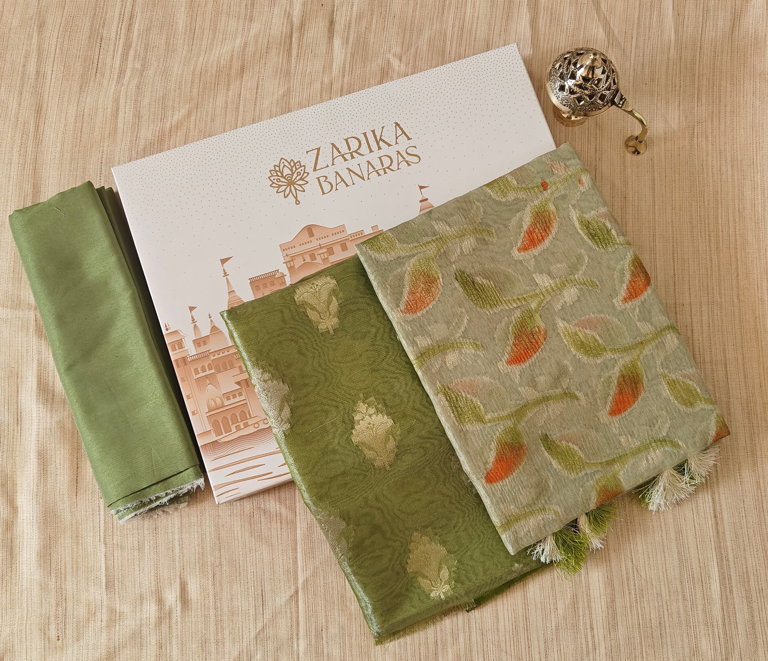 Parrot Green Tissue Silk Suit with Crushed Tissue Meenakari Dupatta