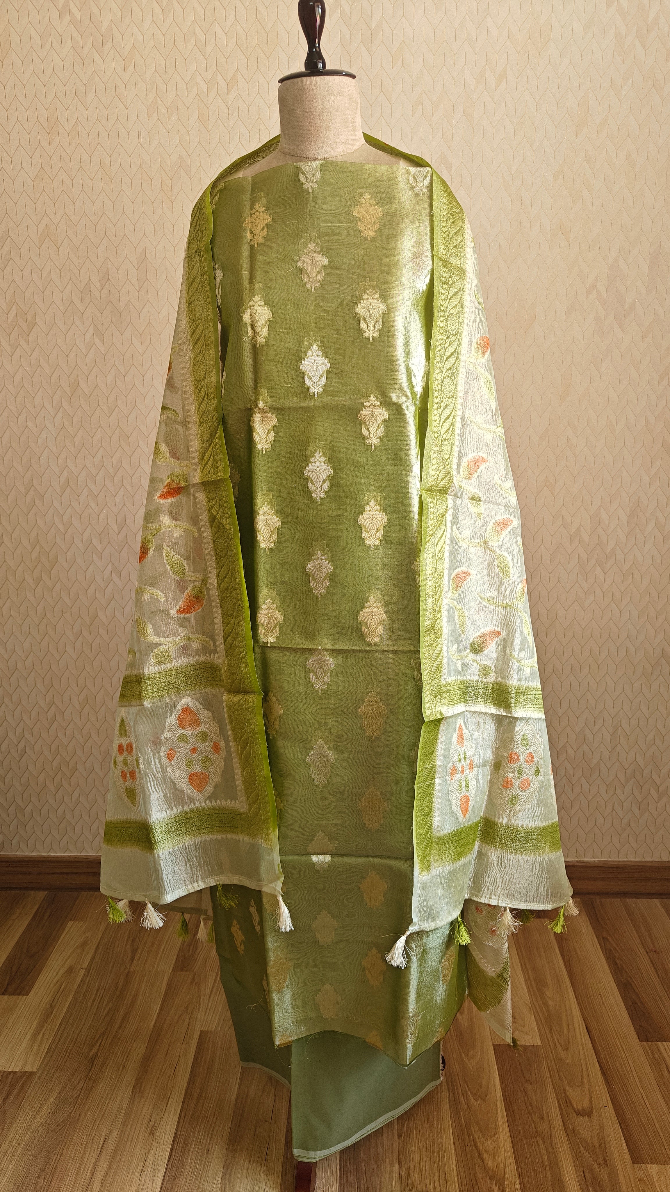 Parrot Green Tissue Silk Suit with Crushed Tissue Meenakari Dupatta