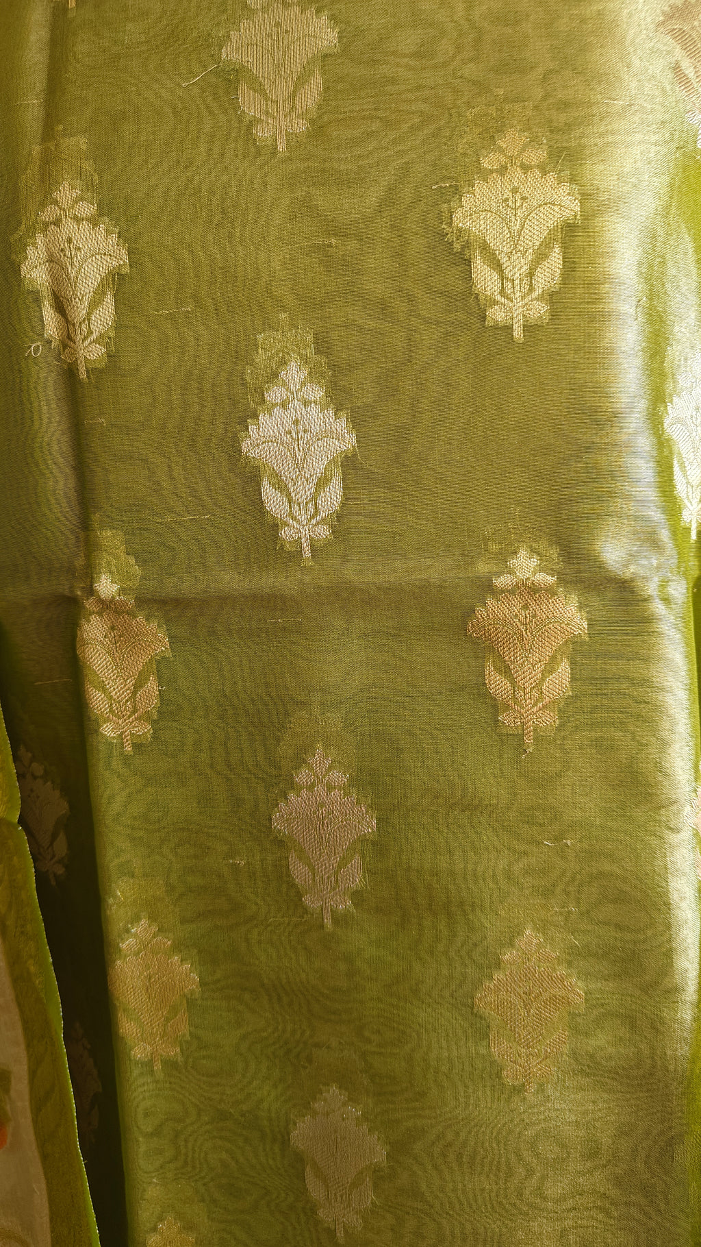 Parrot Green Tissue Silk Suit with Crushed Tissue Meenakari Dupatta
