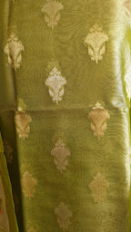 Parrot Green Tissue Silk Suit with Crushed Tissue Meenakari Dupatta