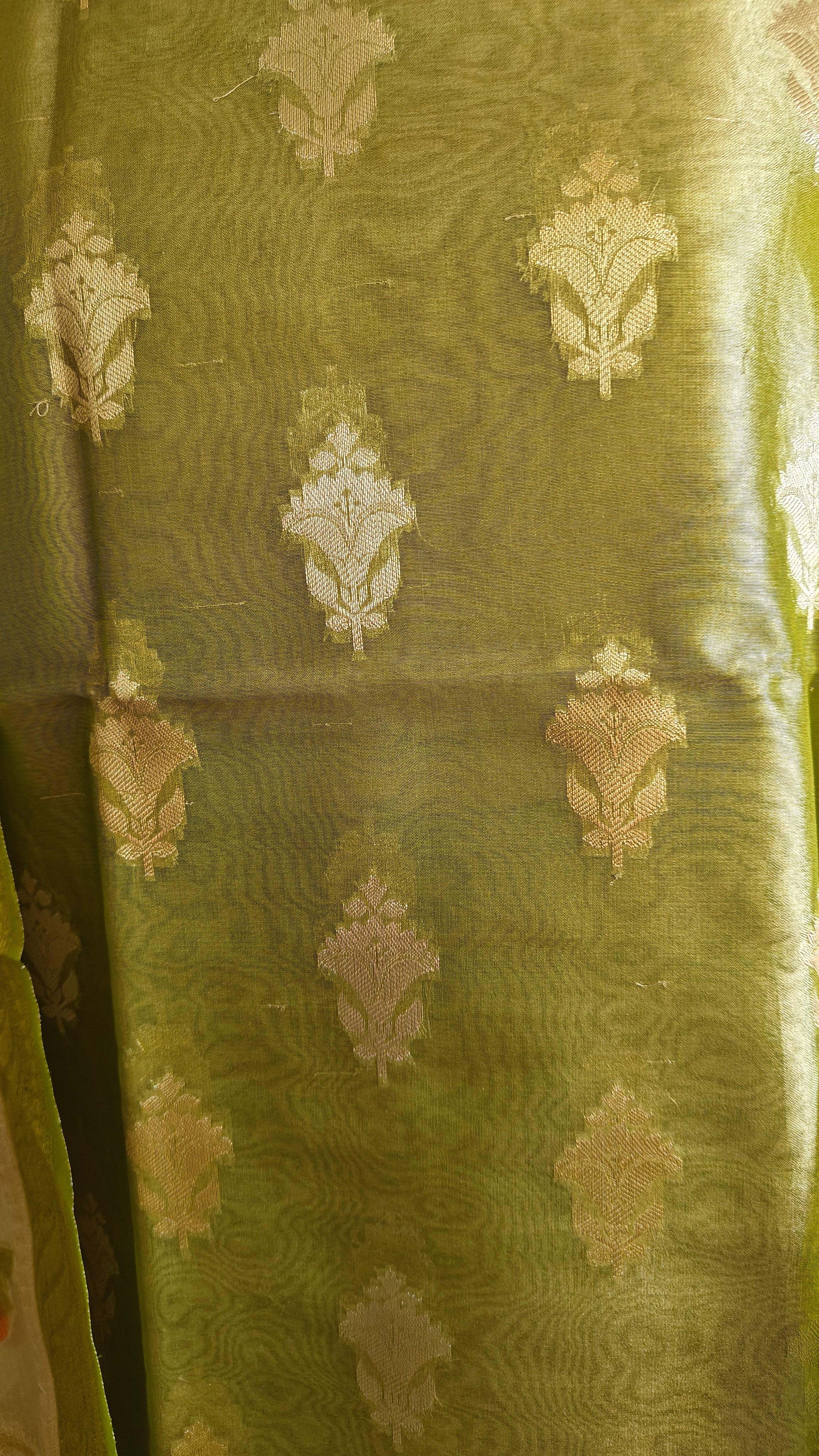 Parrot Green Tissue Silk Suit with Crushed Tissue Meenakari Dupatta
