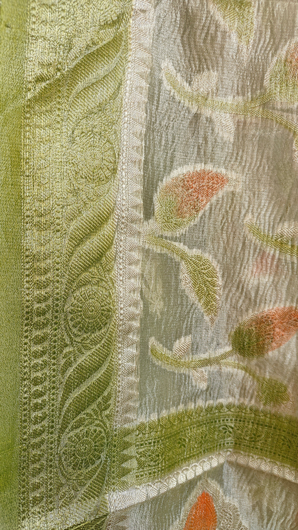 Parrot Green Tissue Silk Suit with Crushed Tissue Meenakari Dupatta