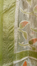 Parrot Green Tissue Silk Suit with Crushed Tissue Meenakari Dupatta