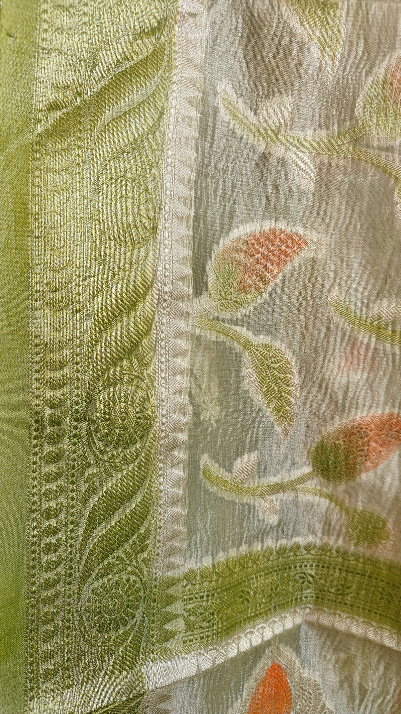 Parrot Green Tissue Silk Suit with Crushed Tissue Meenakari Dupatta