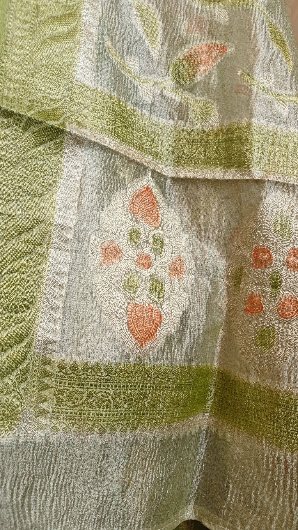 Parrot Green Tissue Silk Suit with Crushed Tissue Meenakari Dupatta