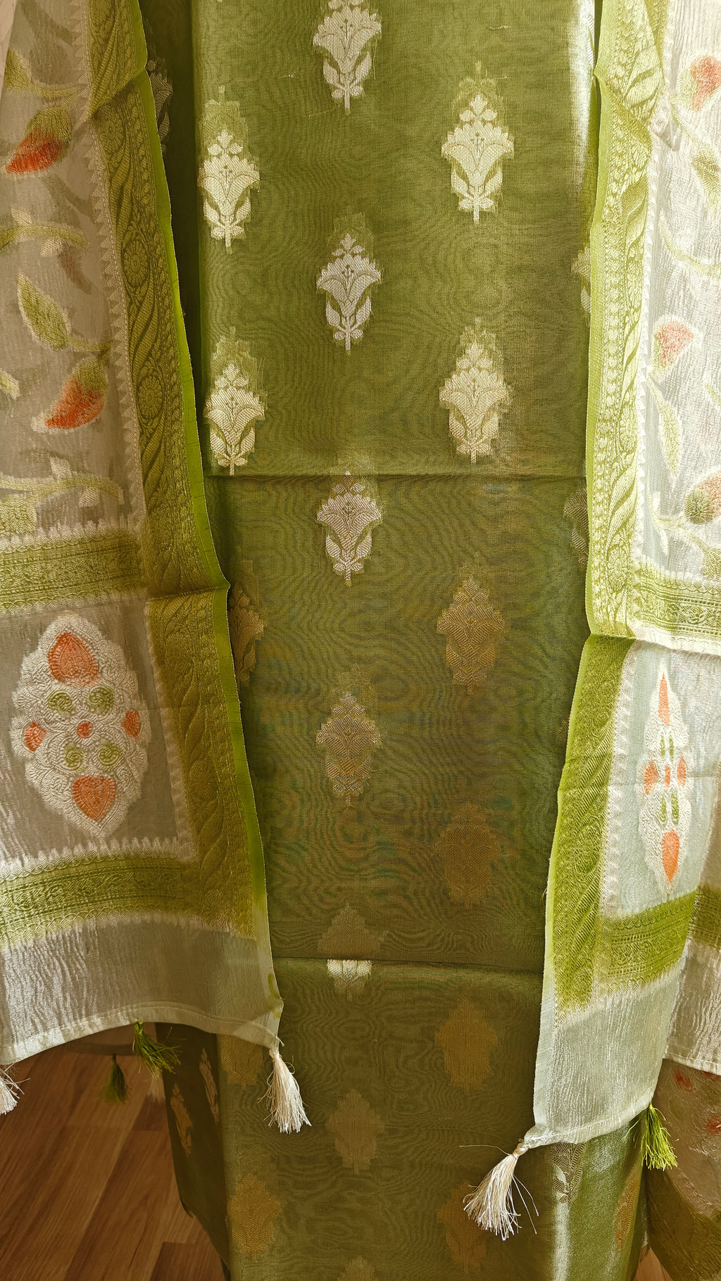 Parrot Green Tissue Silk Suit with Crushed Tissue Meenakari Dupatta