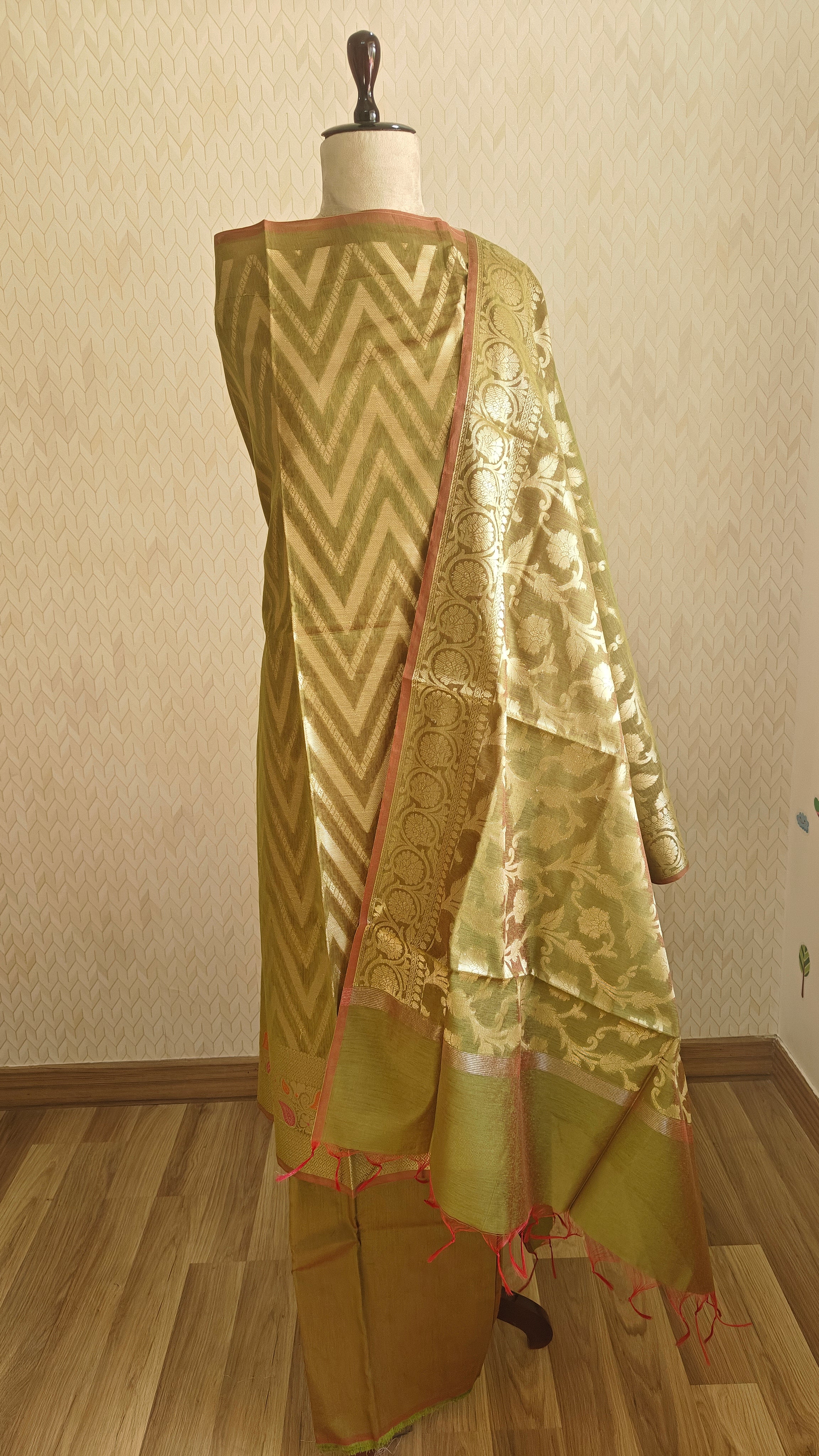 Mehndi Green Premium Cotton 3-Piece Suit with Banarasi Dupatta