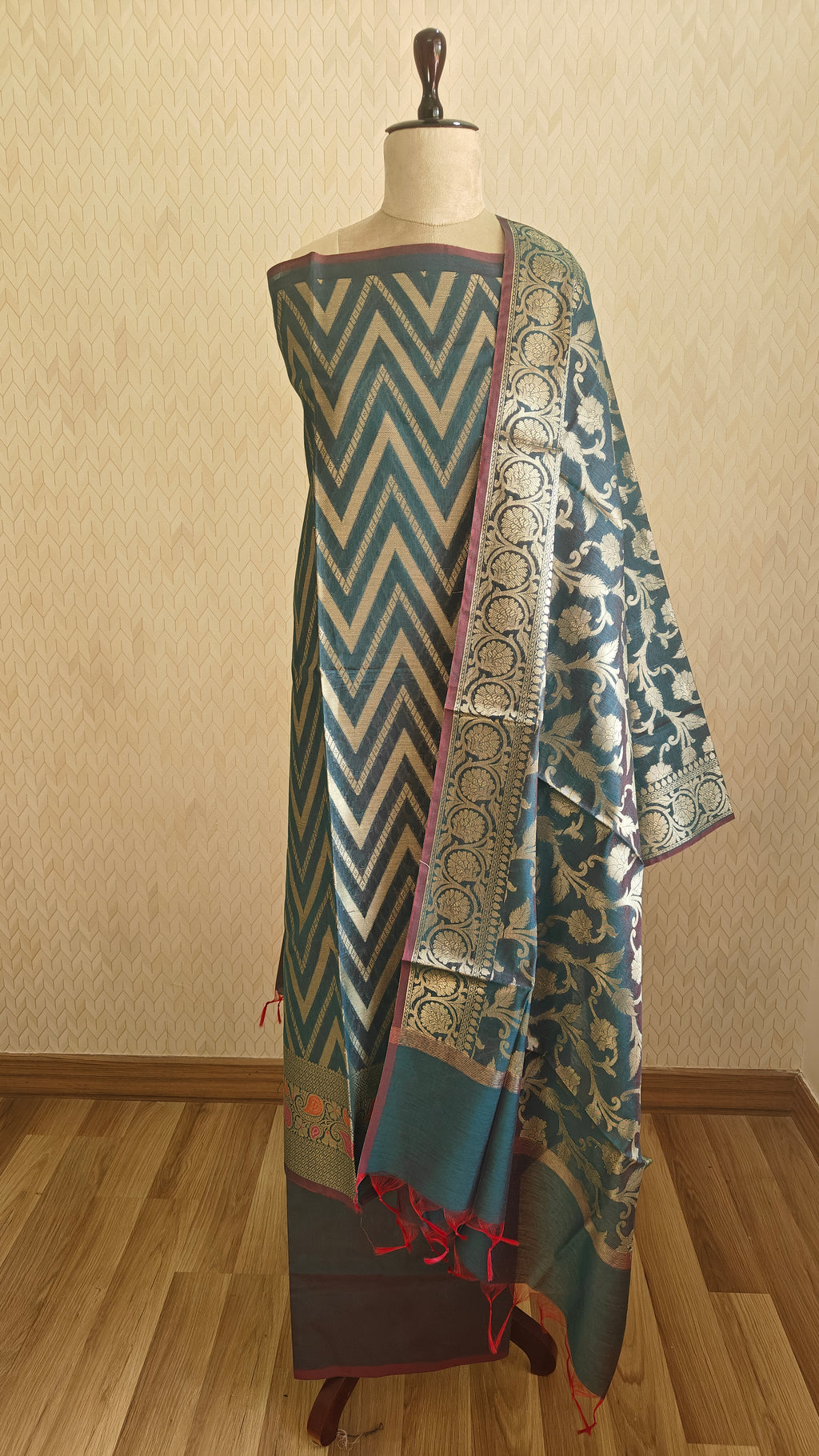 Dark blue Premium Cotton 3-Piece Suit with Banarasi Dupatta