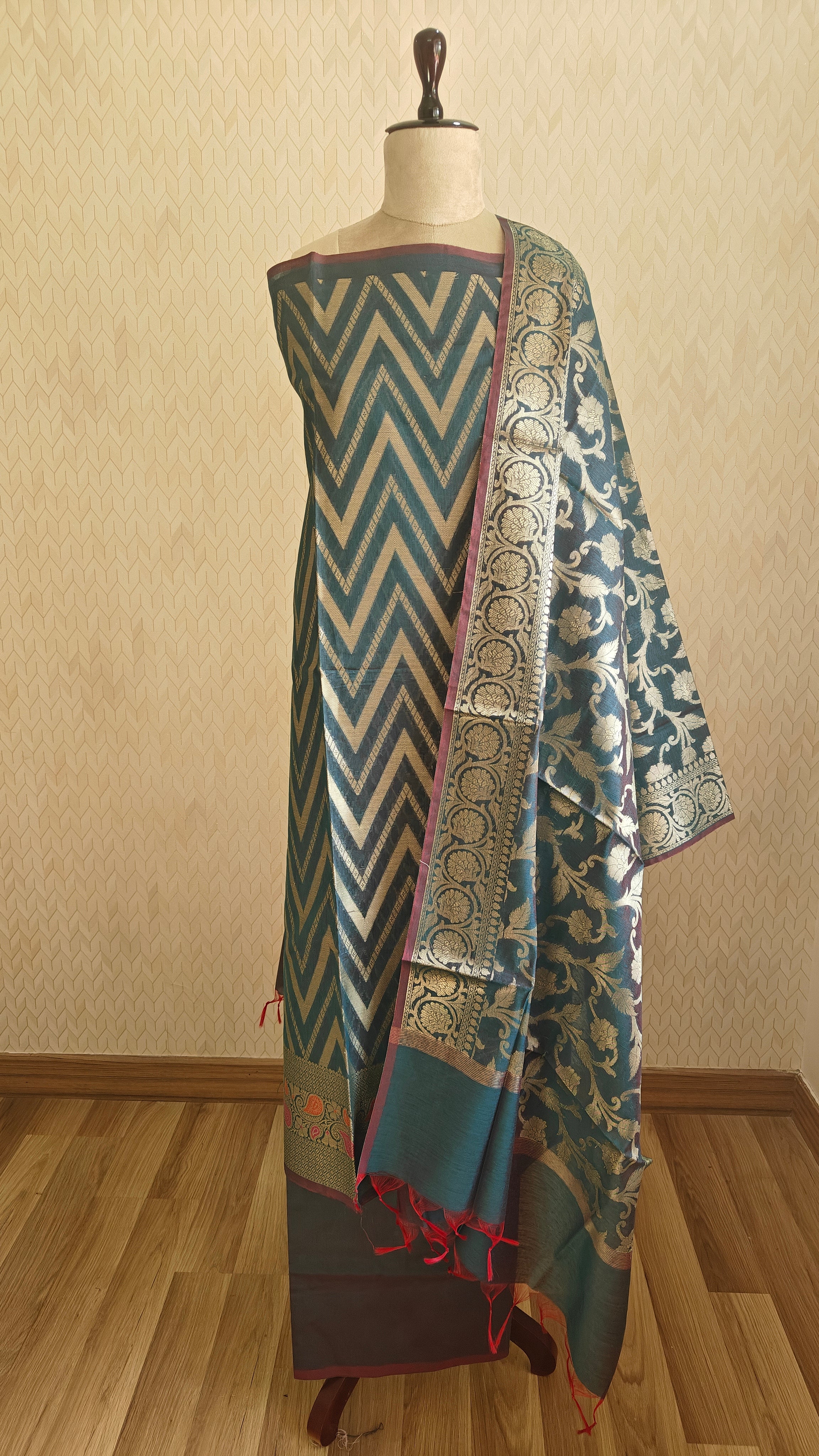 Dark blue Premium Cotton 3-Piece Suit with Banarasi Dupatta