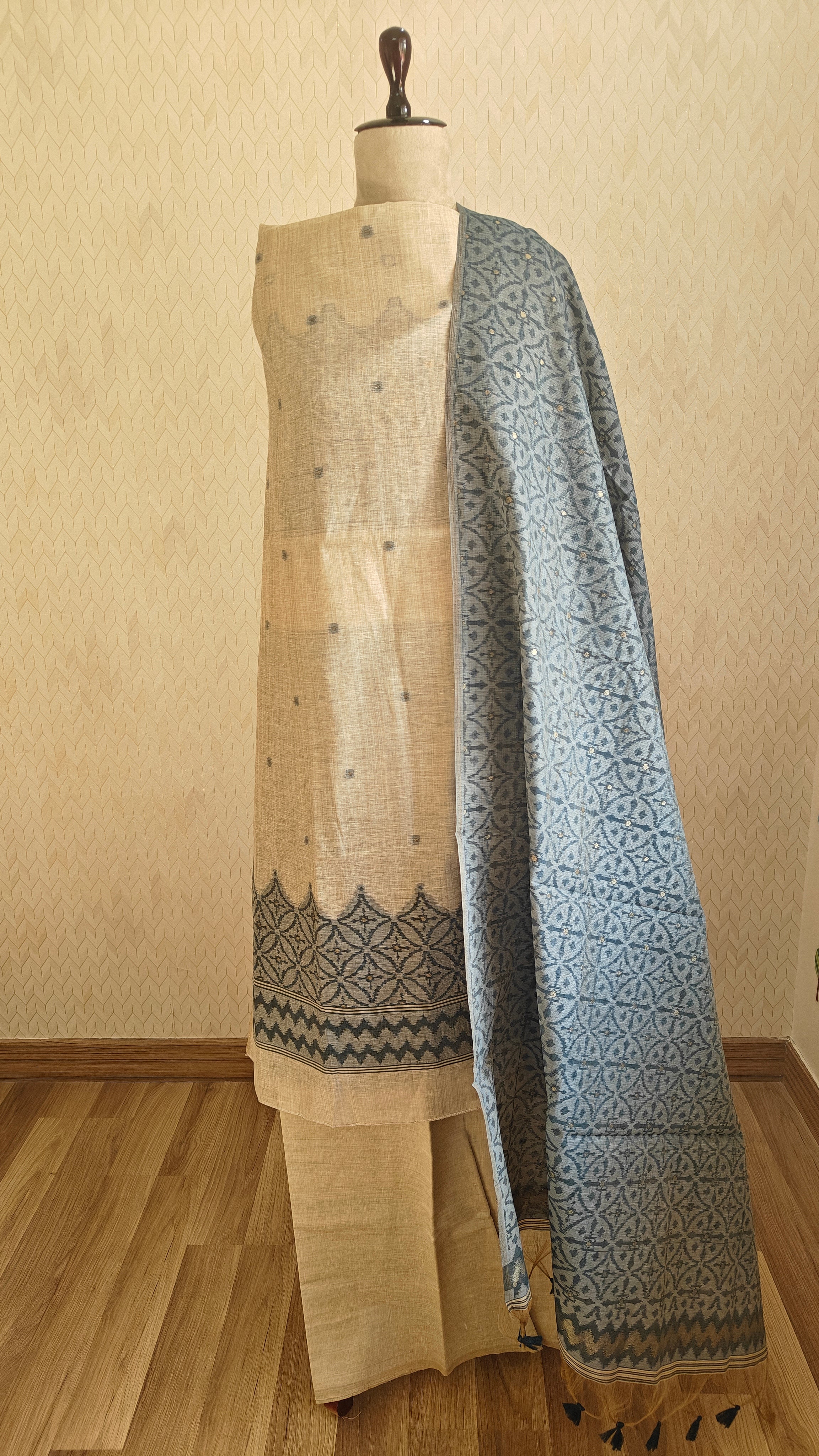 Premium Khadi Tone & Blue Linen 3-Piece Suit – Summer Comfort